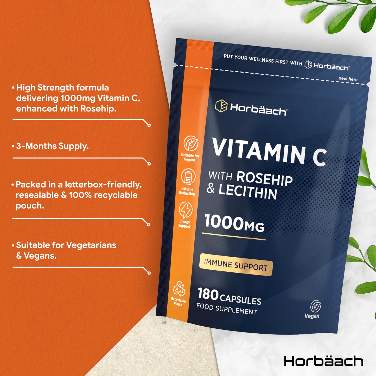 Horbäach Vitamin C 1000mg with Rosehip | 180 Capsules | High Strength Vitamin C as Ascorbic Acid with Added Rosehip and Sunflower Lecithin | Vegan Supplement | by Horbaach