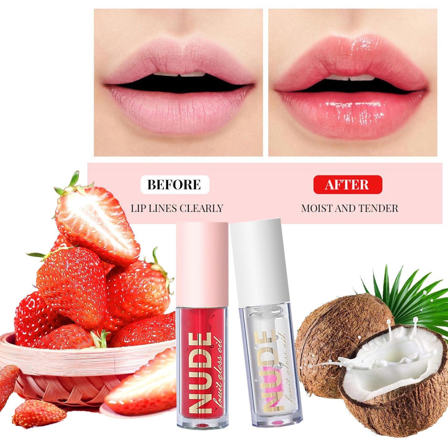 LYNTYAOU Lip Oil Care Moisturizing Gloss Oils Set, 2PCS Plumping Fruit Balm Lips Glow, Transparent Hydrating Lipstick Lip Masks (Coconut & Strawberry)