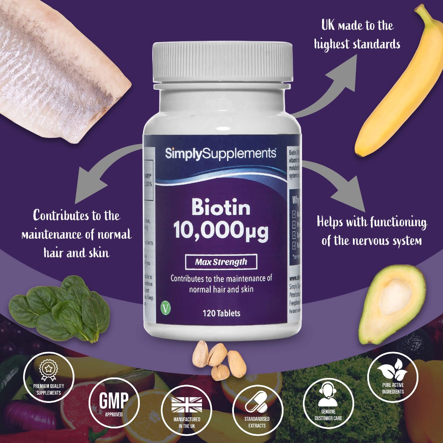 Biotin 10000 mcg Tablets | Potent One-a-Day Formula for Healthy Hair & Skin | Vegan & Vegetarian Friendly | 120 Tablets = 4 Month Supply | Vegetarian Safe | Manufactured in The UK