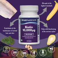 Biotin 10000 mcg Tablets | Potent One-a-Day Formula for Healthy Hair & Skin | Vegan & Vegetarian Friendly | 120 Tablets = 4 Month Supply | Vegetarian Safe | Manufactured in The UK
