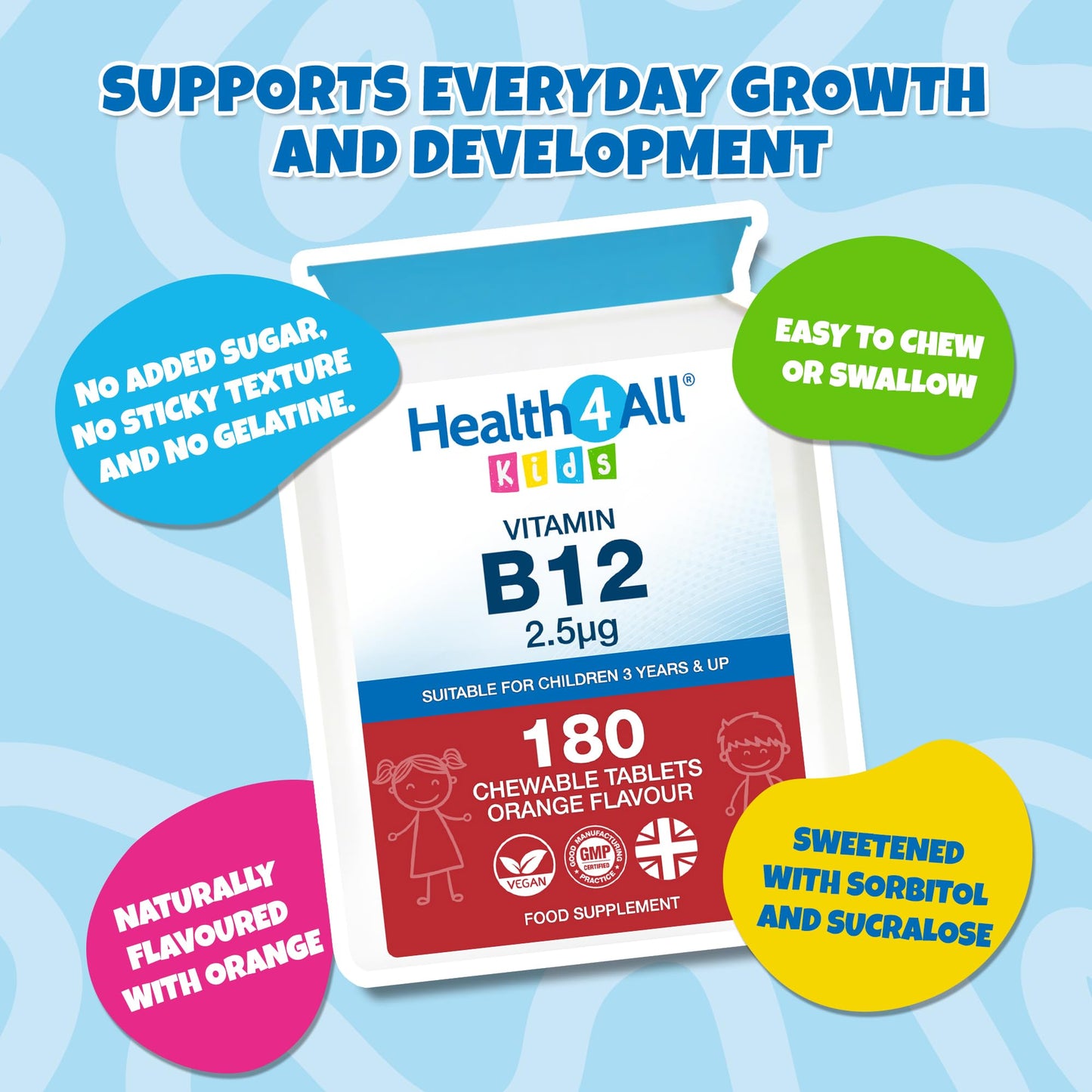 Health4All Kids Vitamin B12 180 Chewable Tablets, 6 Months Supply, for Children 3+