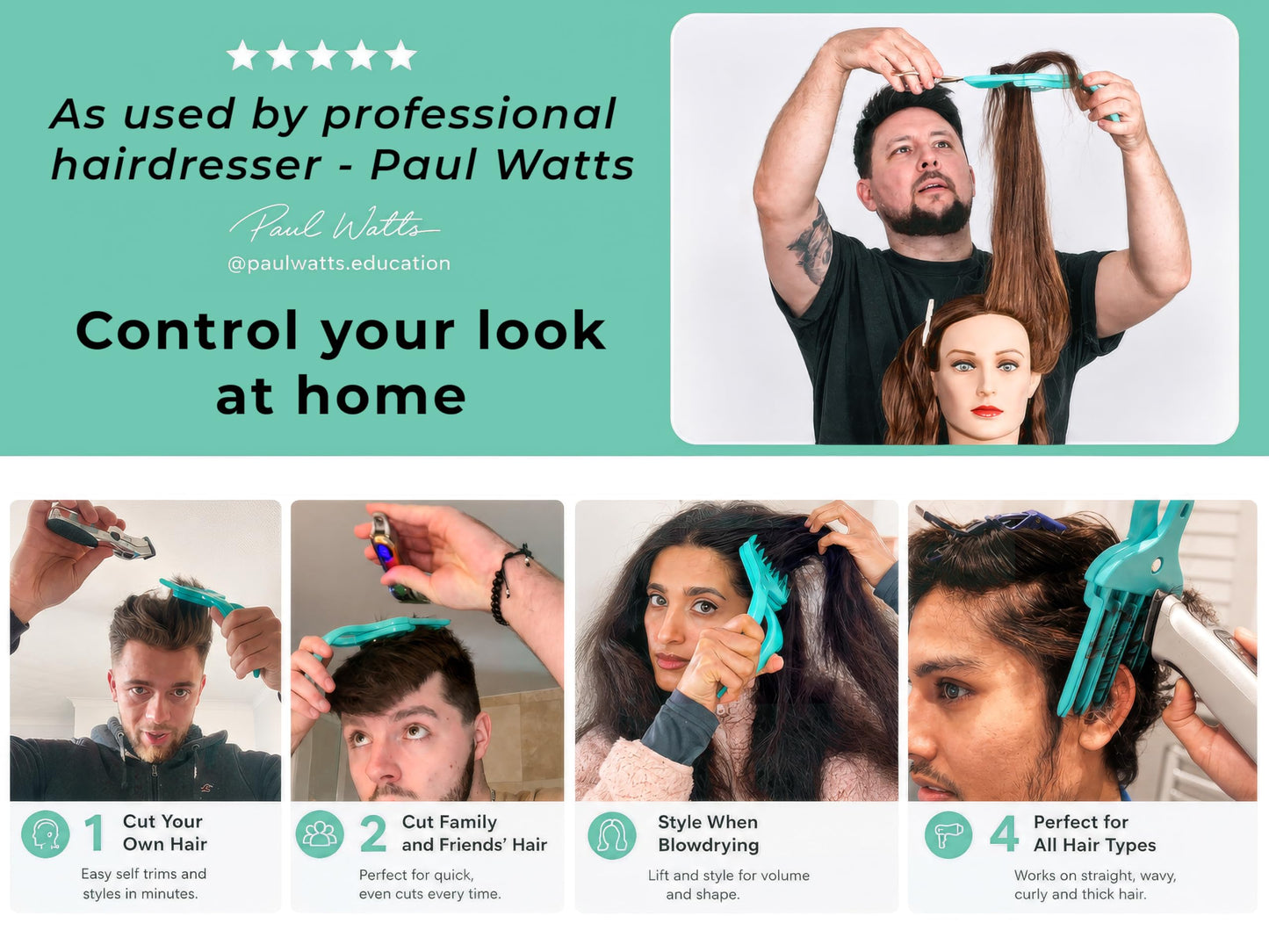 Cut Your Own and Other's Hair at Home the Easy Way | DIY Haircut Tool for Everyone | Use with Your Hair Clippers for Clean, Even Trims Every Time with Grip and Trim.