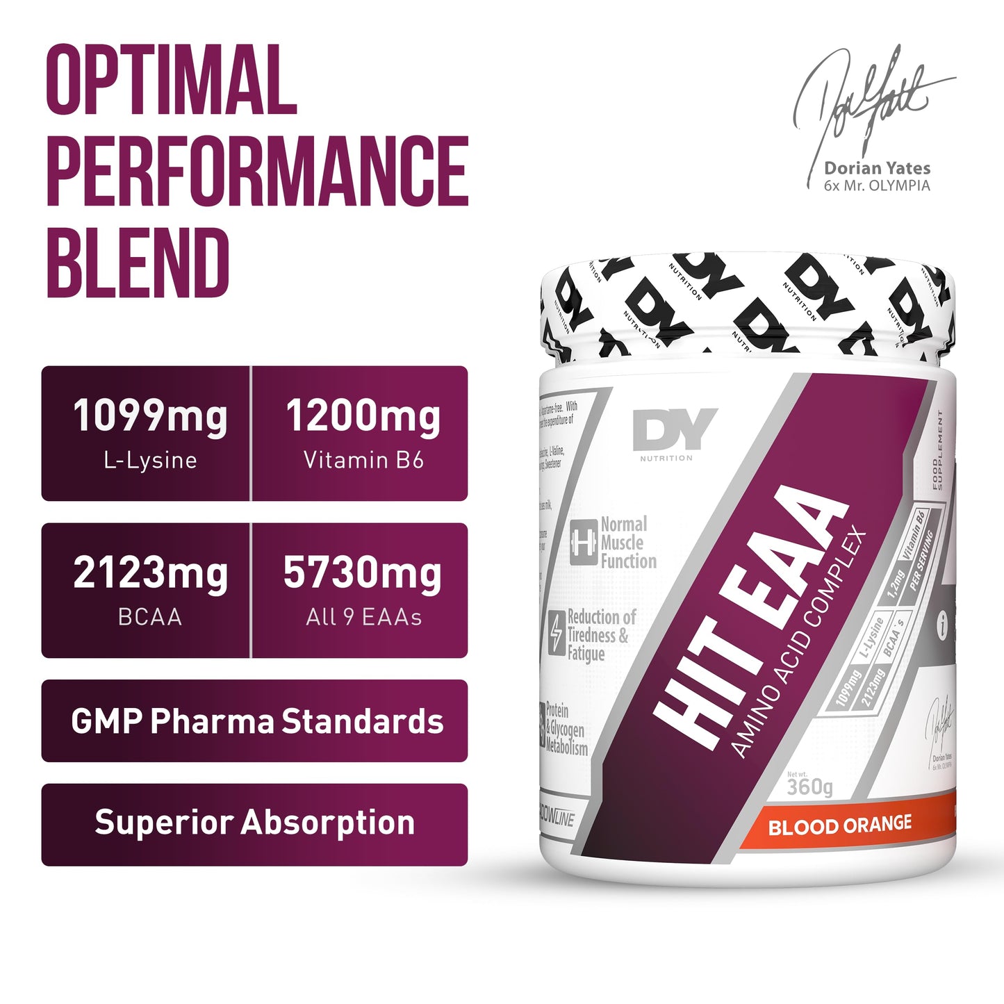 DY Nutrition HIT EAA Essential Amino Acids Complex with BCAAs, L-Lysine & Vitamin B6 | Muscle Repair & Recovery Supplement Intra Workout Powder, 27 Servings, 360g (Blood Orange)