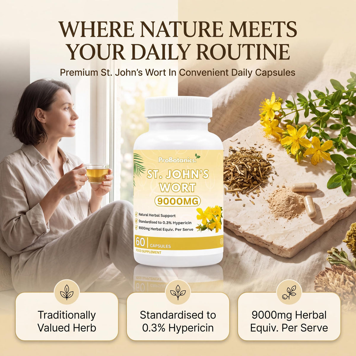 ProBotanics St John's Wort 900mg Maximum Strength | Standardised 0.3% Hypericin Extract | High-Strength Herbal Supplement for Emotional Wellbeing | 60 Vegan Capsules