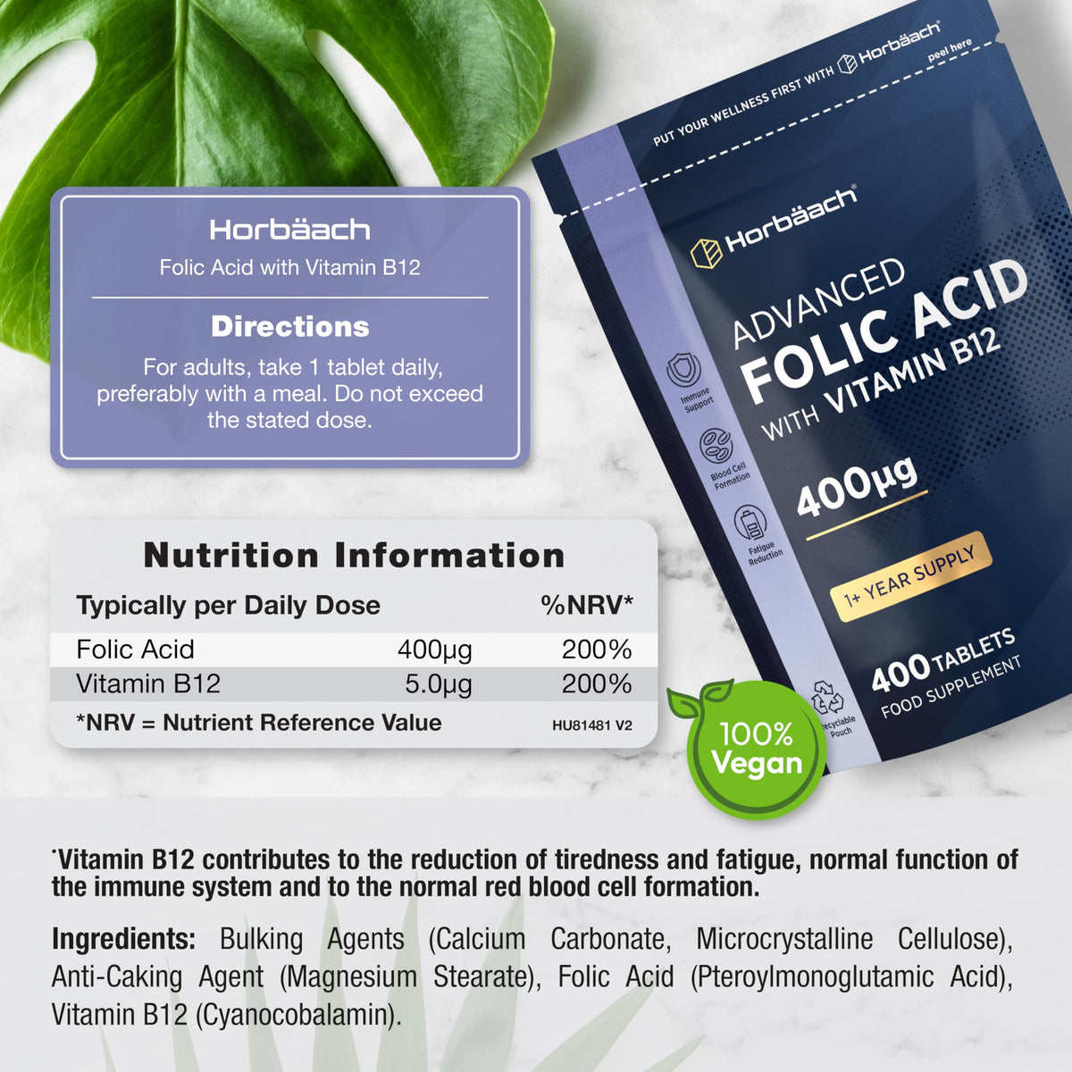 Horbäach Folic Acid Tablets 400mcg | 400 Count (1+ Year Supply) | with Added 5mcg of Vitamin B12 Cyanocobalamin | Pregnancy Support | Suitable for Vegans | By Horbaach