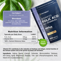 Horbäach Folic Acid Tablets 400mcg | 400 Count (1+ Year Supply) | with Added 5mcg of Vitamin B12 Cyanocobalamin | Pregnancy Support | Suitable for Vegans | By Horbaach