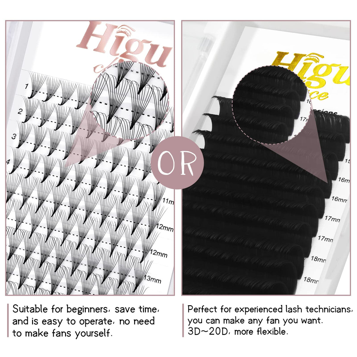 Higu clace Higu Clace 10D 0.07 C Curl Mix 10-15mm Volume Eyelash Extensions With Pointed Base Middle Stem (10D 0.07 C Mix 10-15)