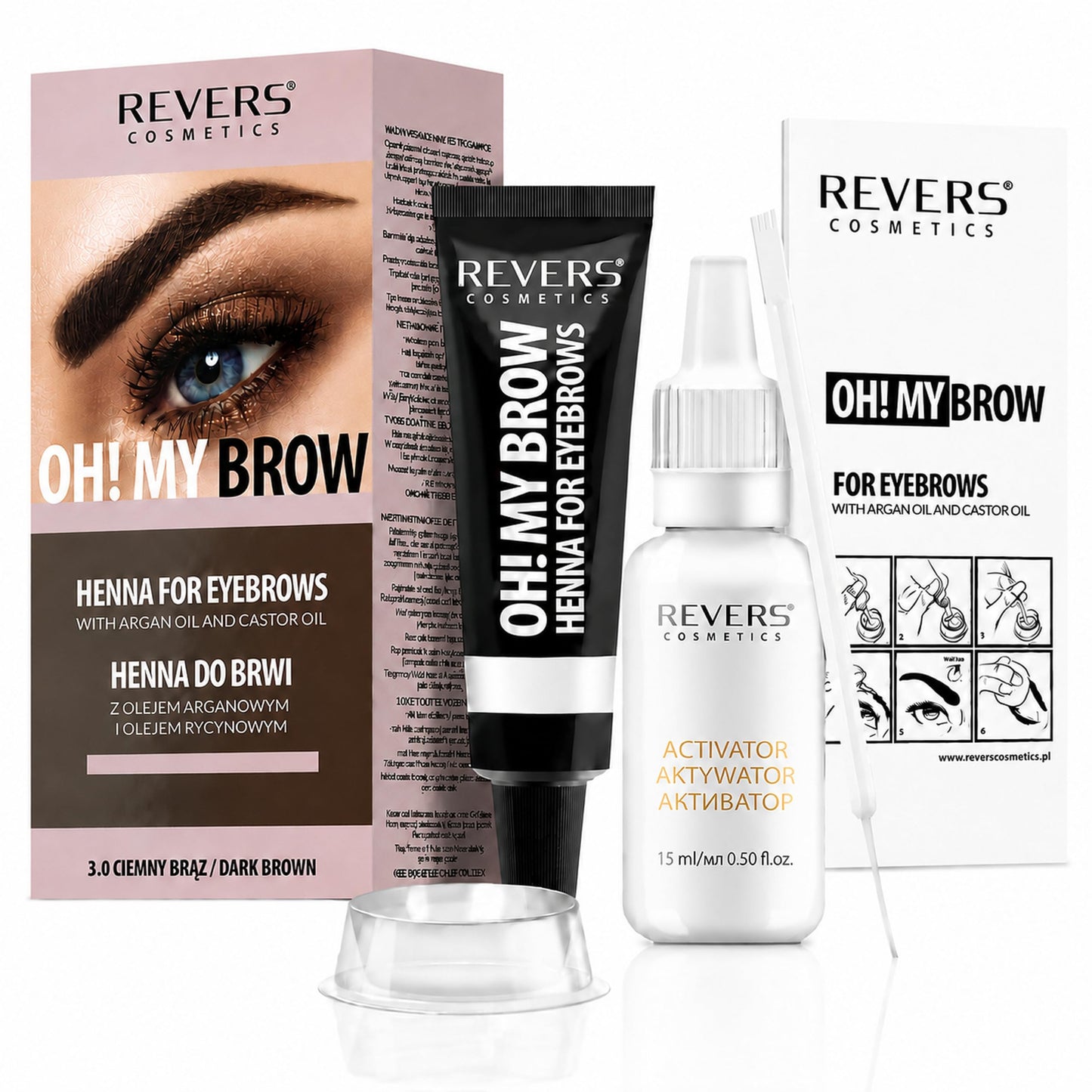 REVERS COSMETICS Eyebrow Dye Kit Dark Brown Ammonia Free, Brow Tint with Argan Oil and Castor Oil, Salon Quality, Natural Result, Lasts Up to 4 Weeks, Up to 15 Applications