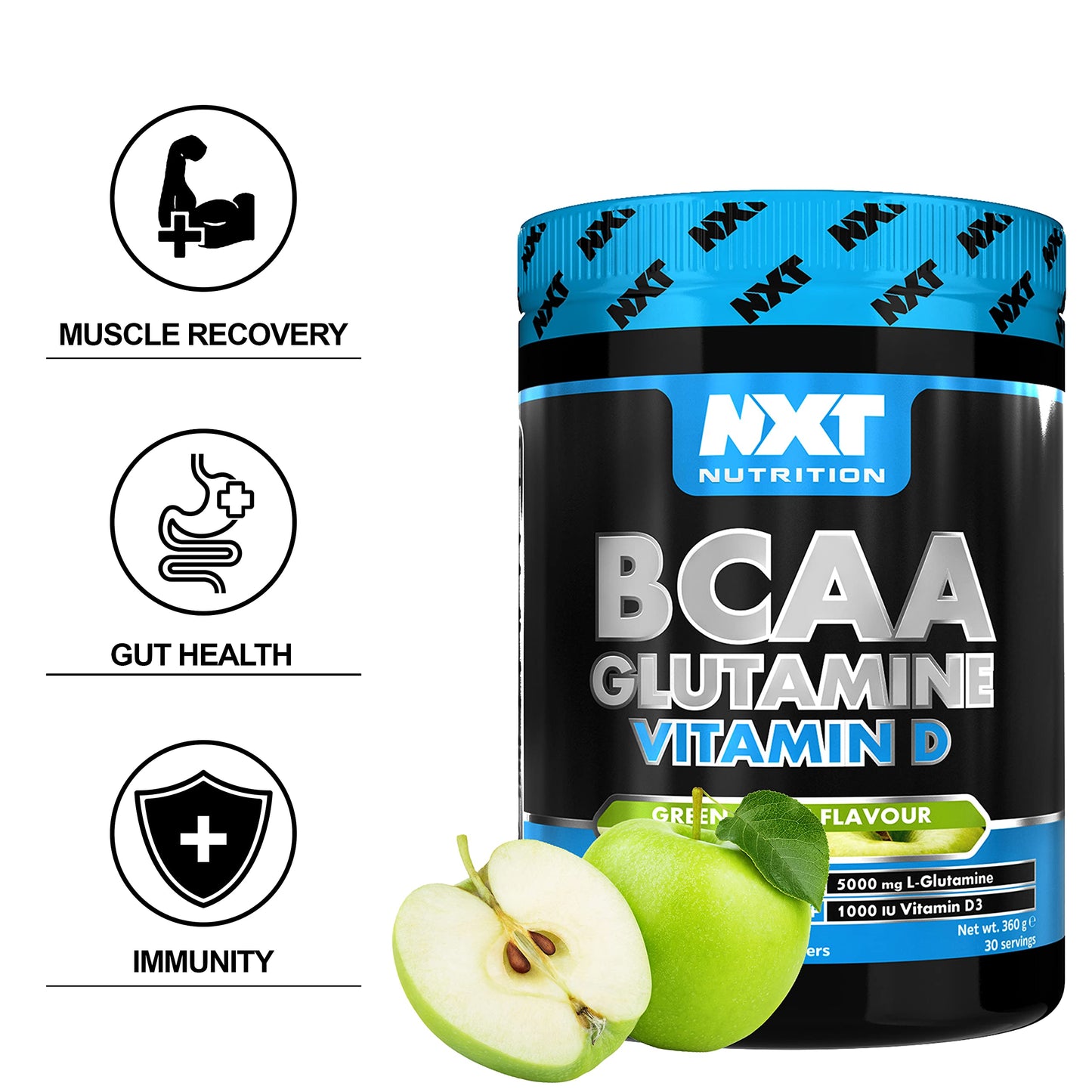 NXT Nutrition BCAA, Glutamine & Vitamin D | BCAAs Amino Acids with Vitamin D3 and L-Glutamine - for Recovery, Gut Health and Muscle Protein Synthesis | 360g - 30 Servings (Apple)