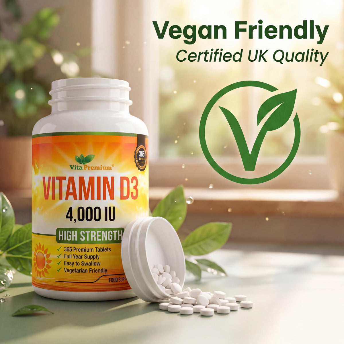 VitaPremium Vitamin D 4,000 IU Tablets, Maximum Strength Vitamin D3 Supplement, 365 Easy to Swallow Tablets - Full Year Supply