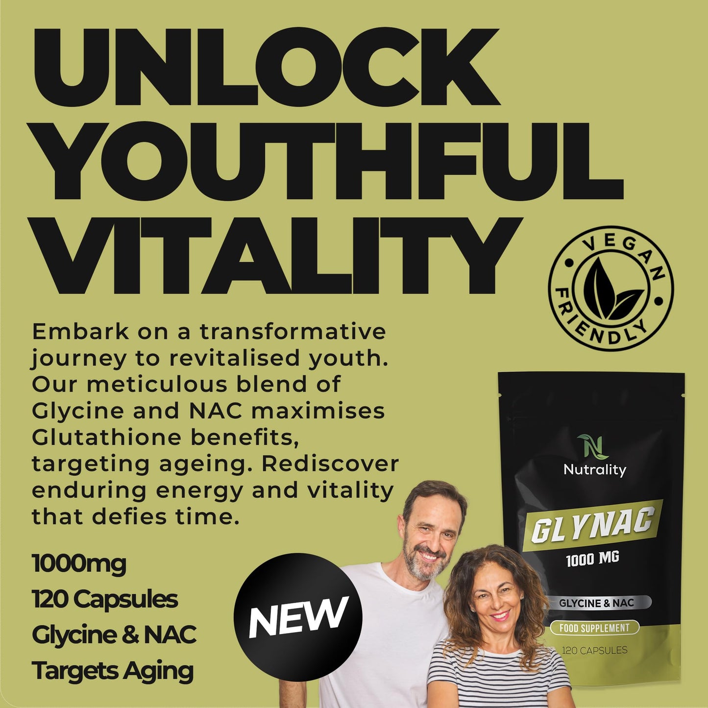 Nutrality Glynac Supplement 120 Capsules 1000mg | Vegetarian Friendly Anti-Aging Glutathione Formula with Glycine and NAC, for Enhanced Health, Wellness | Promotes Youthful Aging, Vitality