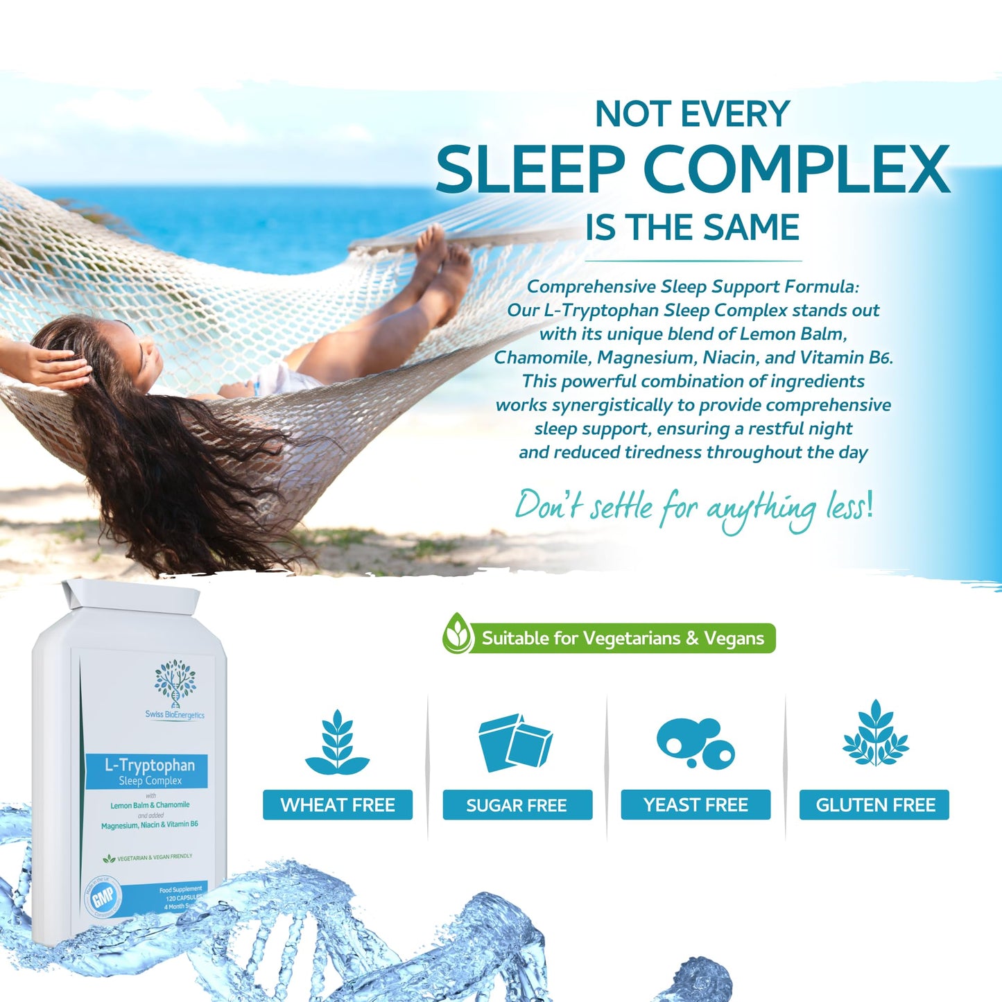 swiss bioenergetics L-Tryptophan 220mg - 120 Capsules/Sleep Complex with Added Lemon Balm, Chamomile, Magnesium, Niacin & Vitamin B6 - Natural Alternative to Melatonin / 4 Month Supply – Made in The UK