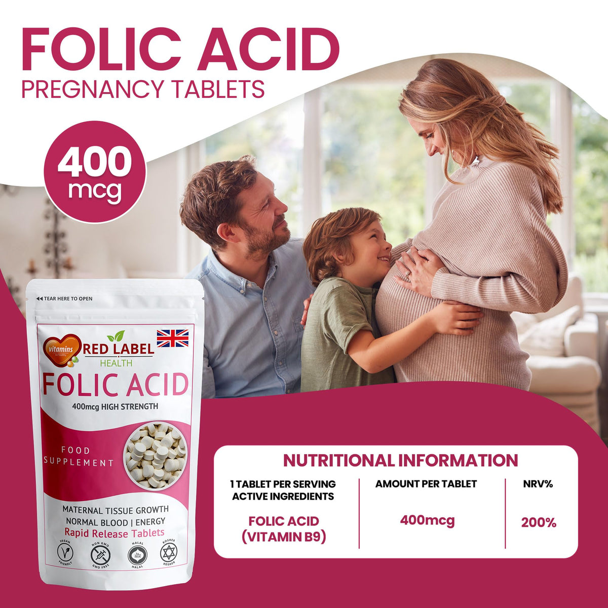 Red Label Health Folic Acid Tablets 400 mcg - 200 Vegan Vitamin B9 Tablets Pregnancy Care - Normal Function of Immune System & Maternal Tissue Growth During Pregnancy - Made in The UK