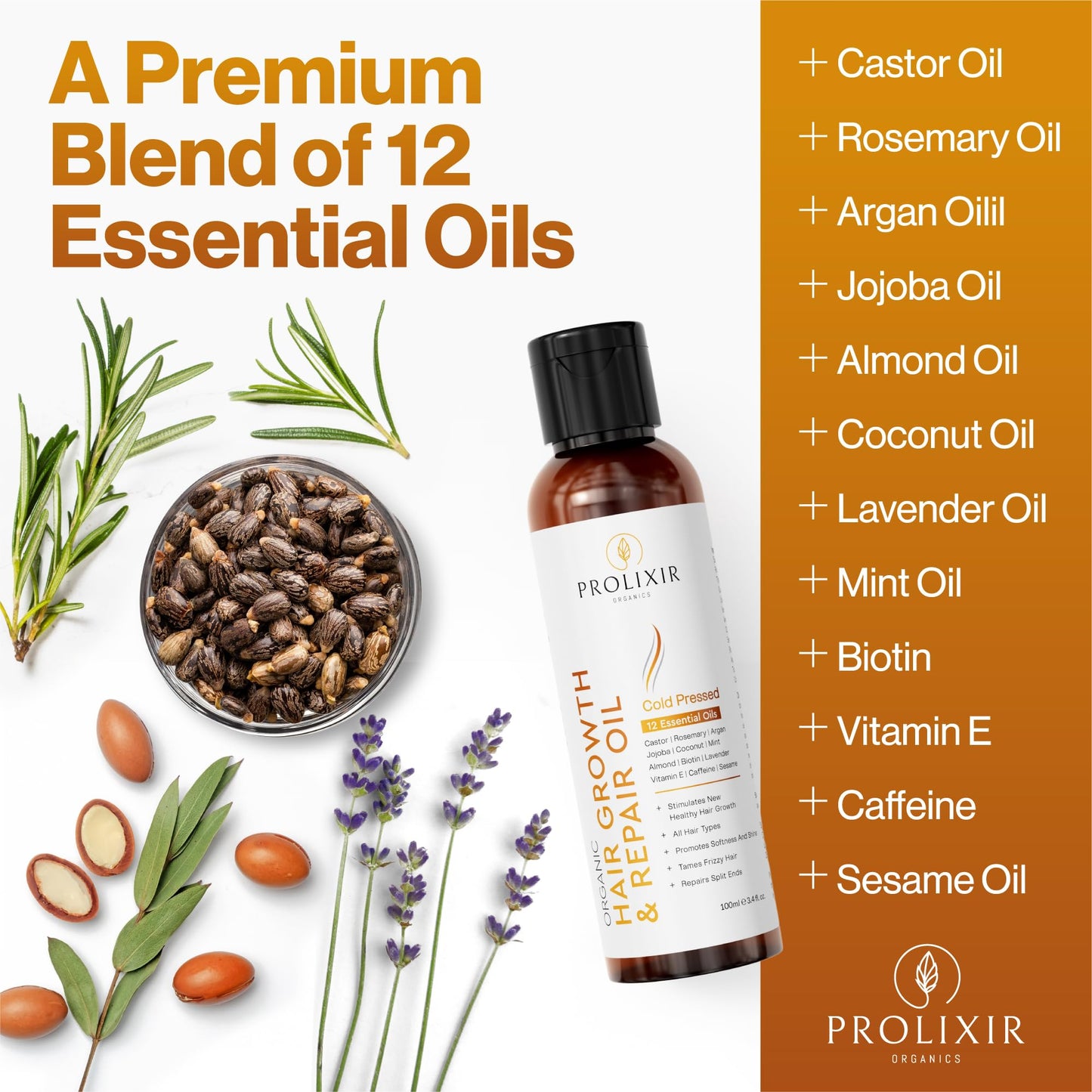 Organic Castor Oil with Rosemary, Argan, Jojoba, Almond & Coconut Oil - Natural Hair Loss Treatment