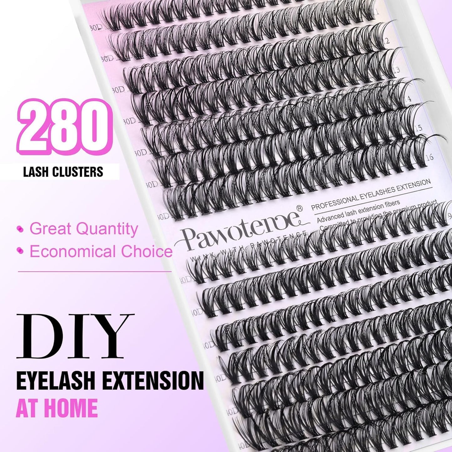Pawotence Eyelash Extension Kit Cluster Lashes Individual Cluster 9-16mm Lash Extension Kit with Lash Bond and Seal, Lash Tweezers for Self Use,280pcs Individual Eyelashes Kit (30D-40D KIT)