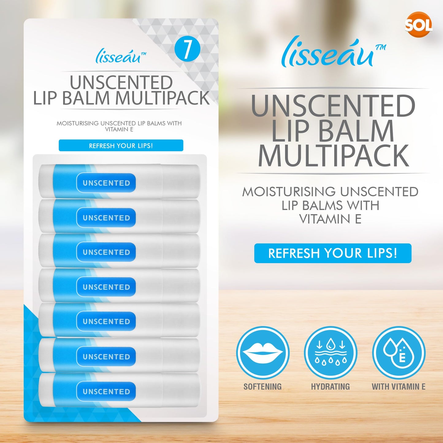 SOL 7pk Unscented Lip Balm Multipack - Moisturiser & Hydrating Lipbalm for Men and Women, Repair for Dry, Chapped Lips With Vitamin E, Long-Lasting Lip Care Sticks for Home, Office, or On-the-Go Use