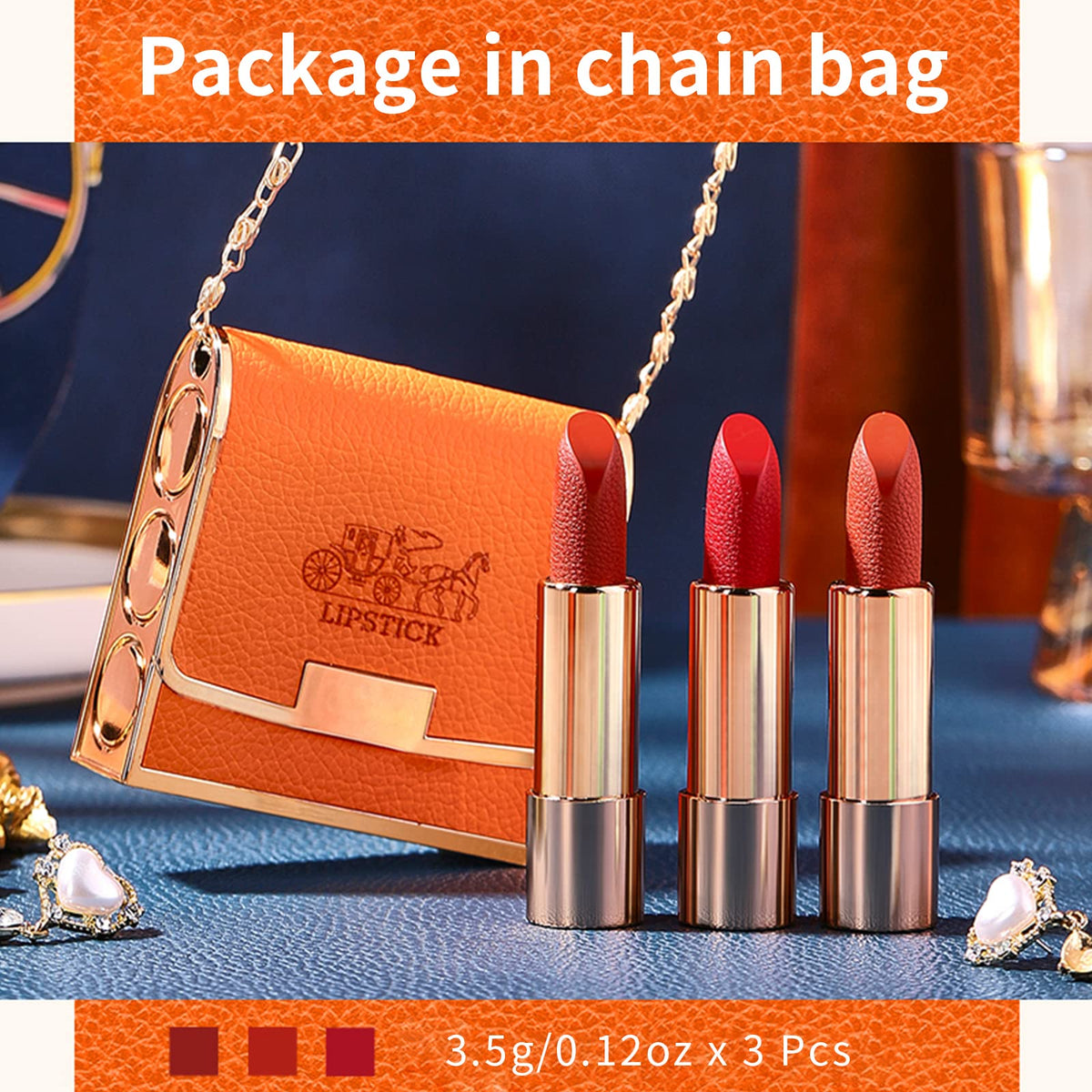 Newvenper Matte Lipstick Set 3 Colors Lip Stick with Orange Chain Bag Package Velvet Lip stick Gift Box Set Waterproof Non-Stick Cup Long Lasting Retractable Red Lipstick Set 3.5gx3 Pcs