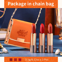 Newvenper Matte Lipstick Set 3 Colors Lip Stick with Orange Chain Bag Package Velvet Lip stick Gift Box Set Waterproof Non-Stick Cup Long Lasting Retractable Red Lipstick Set 3.5gx3 Pcs
