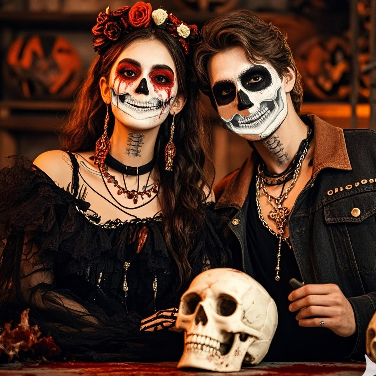 Lekabee skeleton mouth temporary tattoo,devil face temporary tattoo,halloween face stickers,halloween make up adults,face tattoos for men and women,horror make up,scary face tattoos