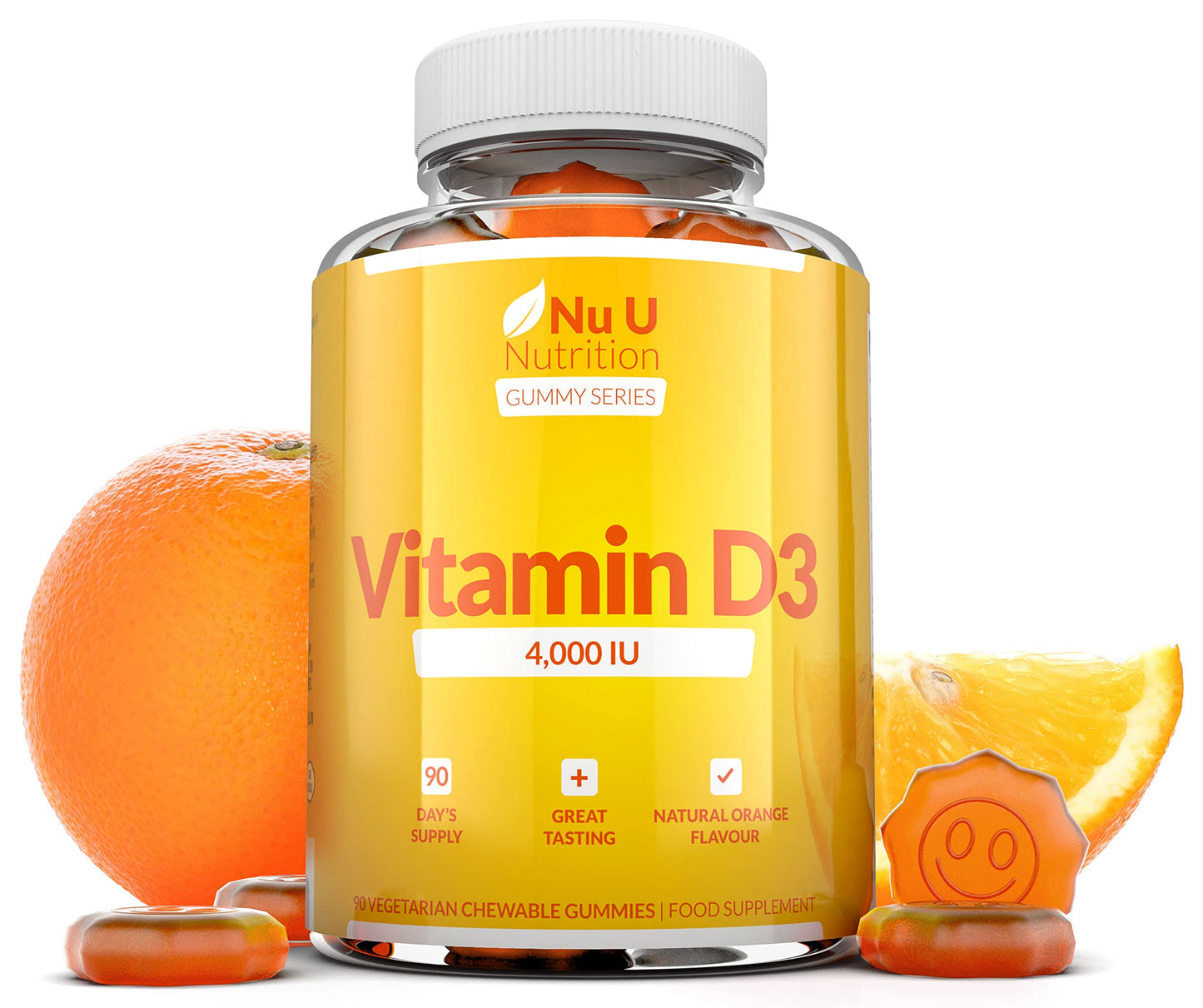 Nu U Nutrition Vitamin D3 Gummies 4000 IU Adults - 90 Gummies - 3 Months Supply - Delicious Natural Orange Flavour - High Strength Vitamin D (Cholecalciferol) Supplement - Vegetarian Chewable VIT D