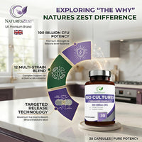Natures Zest Bio Cultures Complex Probiotics & Prebiotics 100 Billion CFU for Gut Health - 30 Vegan Capsules Multi Strain Lactobacillus Plantarum, Acidophilus & Saccharomyces Boulardii for Men & Women, UK Made