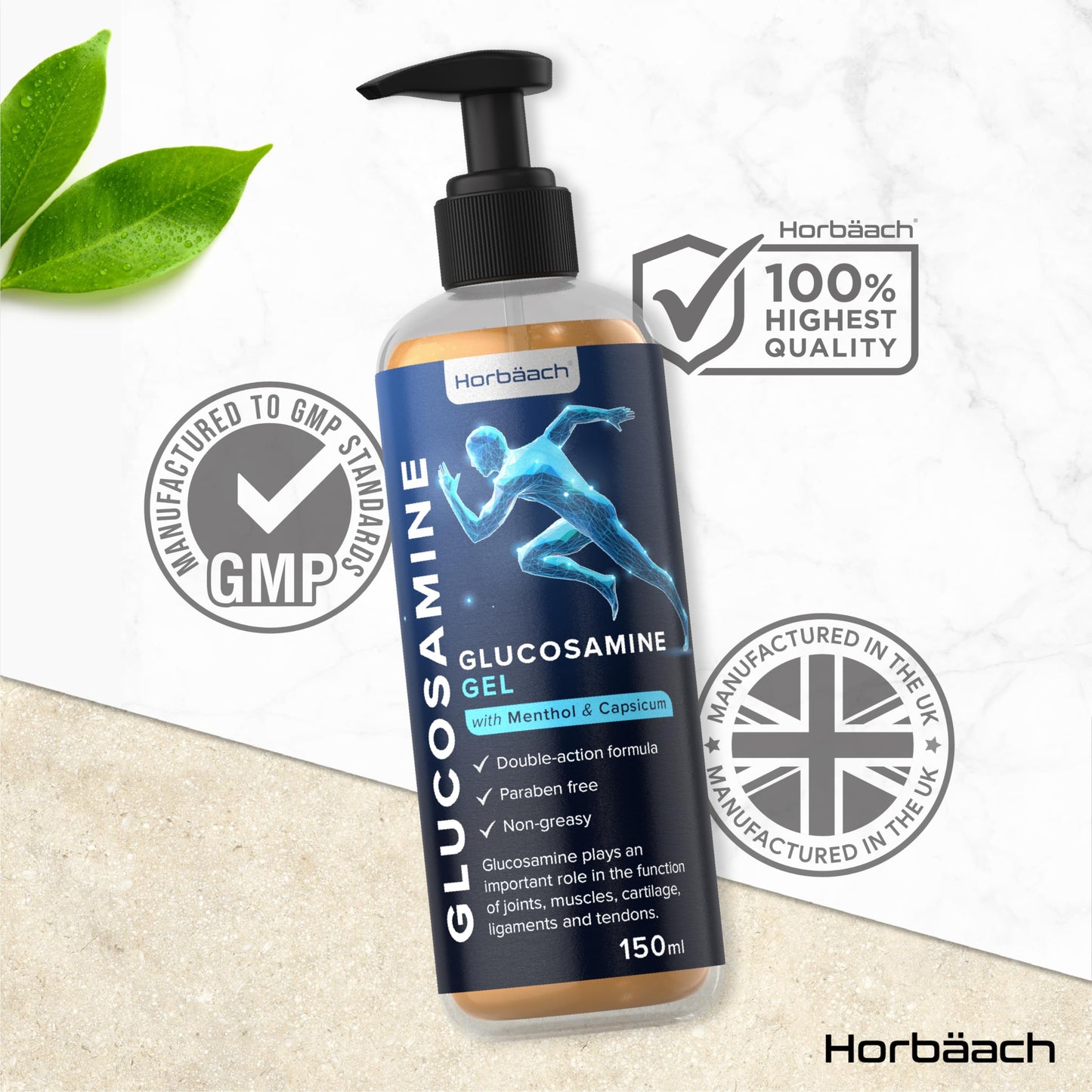 Horbäach Glucosamine Gel | 150 ml | with Menthol and Capsicum | Cooling Effect | Highly Absorbable, Non-Sticky and Non-Greasy Gel | By Horbaach
