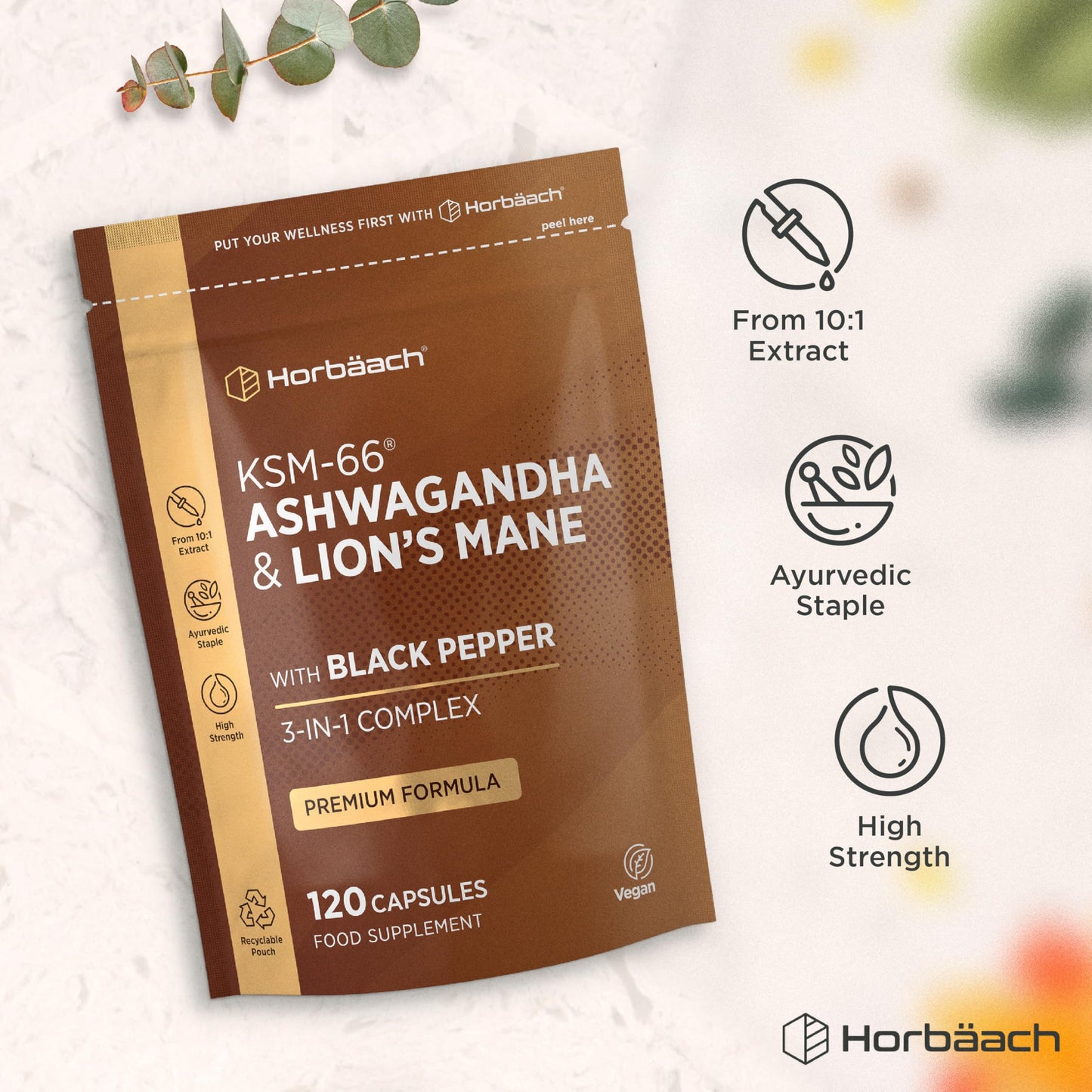 Horbäach Ashwagandha KSM-66 and Lion's Mane 2500mg Capsules | KSM-66 Ashwagandha Root Extract & Lion's Mane Mushroom Extract, Enhanced with Black Pepper | 120 Vegan Capsules | Horbaach