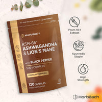 Horbäach Ashwagandha KSM-66 and Lion's Mane 2500mg Capsules | KSM-66 Ashwagandha Root Extract & Lion's Mane Mushroom Extract, Enhanced with Black Pepper | 120 Vegan Capsules | Horbaach