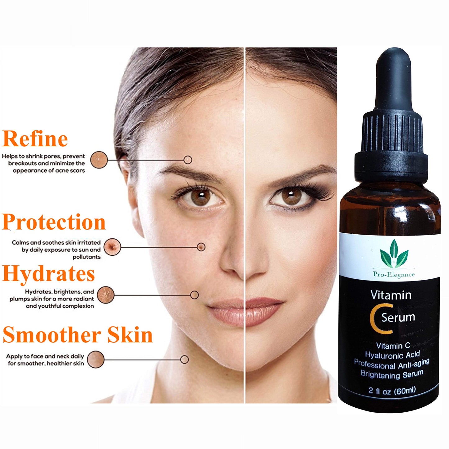 Pro-Elegance Vitamin C Serum for Face & under eyes 20% 60ml with Hyaluronic Acid Liposome Vitamin E for Anti wrinkle Anti ageing Dark Circles Fine Lines Acne Sun damaged Skin