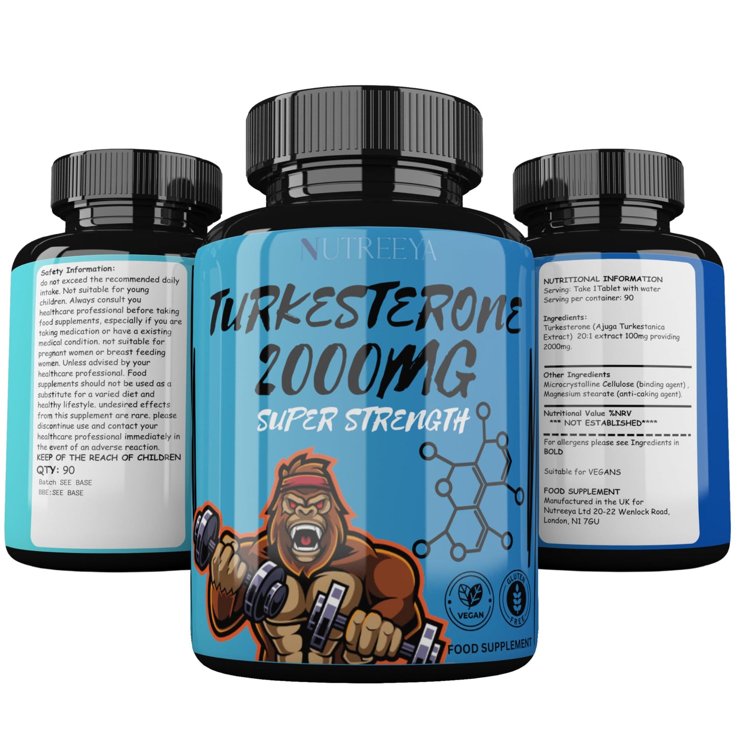Nutreeya Turkesterone 2000mg Ajuga Turkestania Extract High Strength Turkesterone Supplement UK Made, Vegan, Non GMO (90)