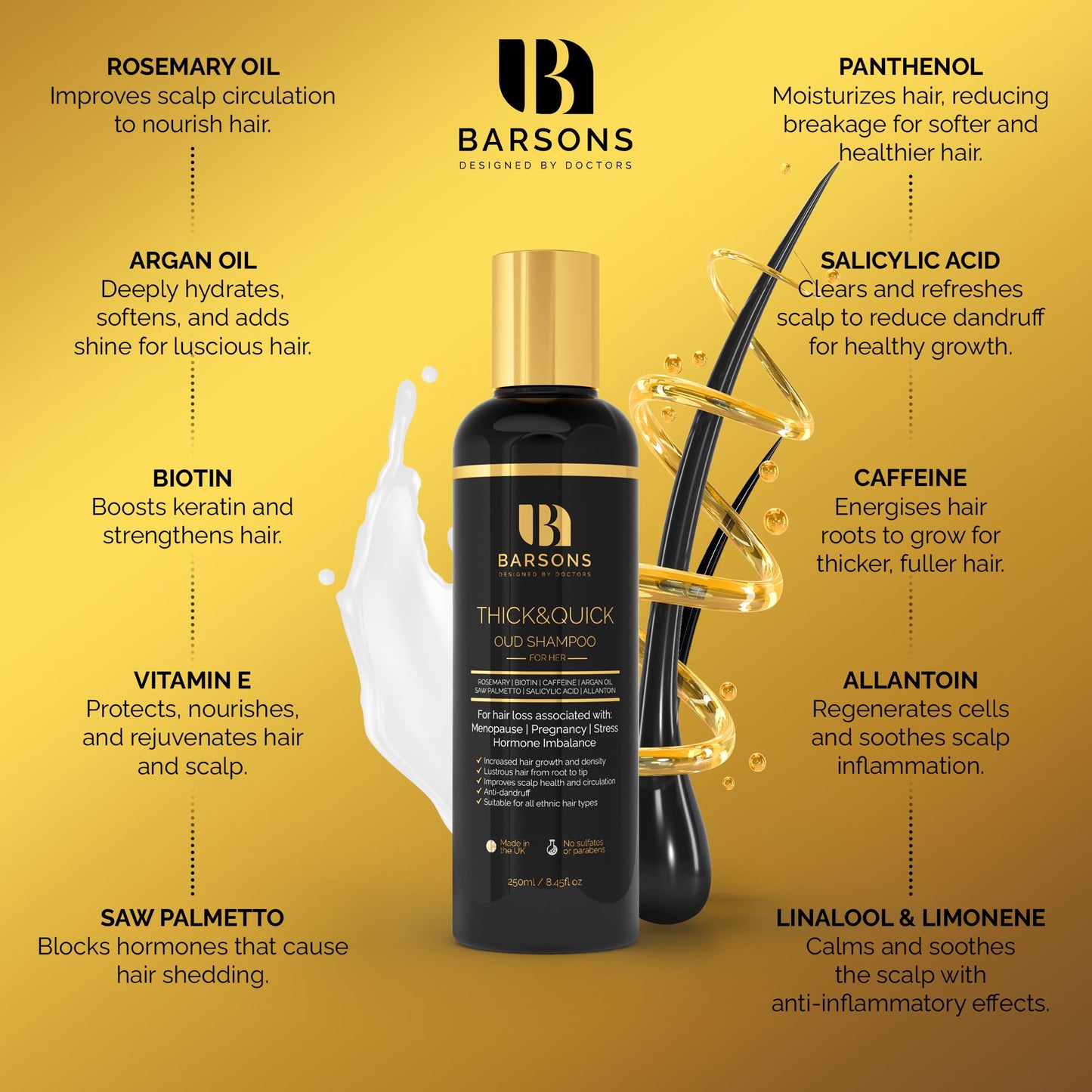 BARSONS Oud Shampoo for HER. Luxury Haircare Formula, designed by Doctors & Hair Stylists | Rosemary Oil, Argan Oil, Biotin, Caffeine, Saw Palmetto | Nourishing Shampoo for Thicker & Fuller Hair
