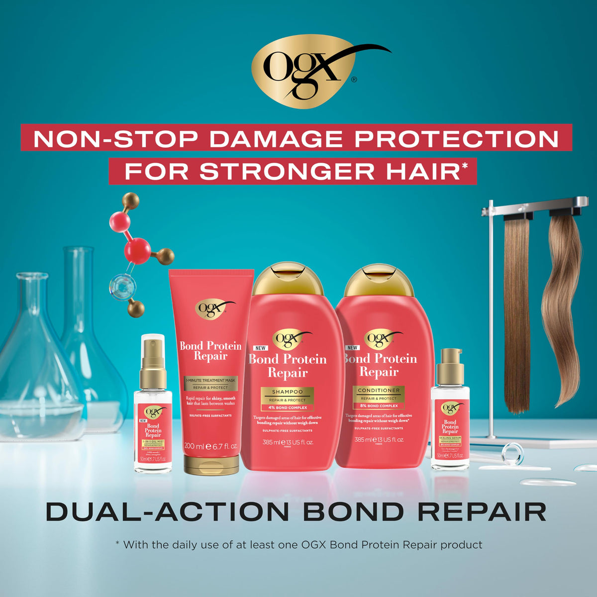 OGX Bond Protein Repair 3-in-1 Oil Mist, Repair & Protect, 34 percent Bond Complex, 24-Hour Smooth, Shine & Strength, for Medium to Thick Hair, 50ml