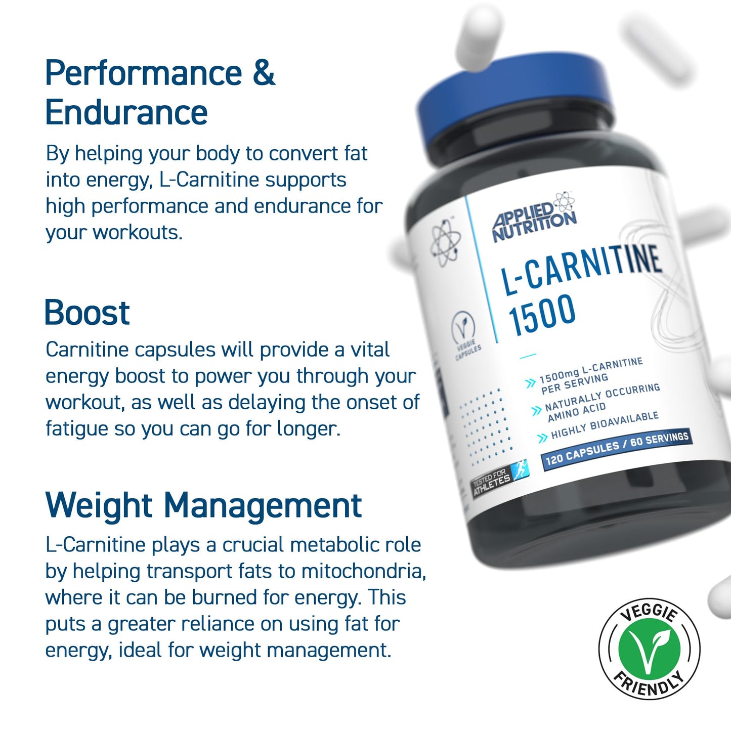 Applied Nutrition L-Carnitine 1500mg - Carnitine Supplement Premium L-Tartrate Form, High Strength, Energy Boost & Weight Management (120 Capsules - 60 Servings)