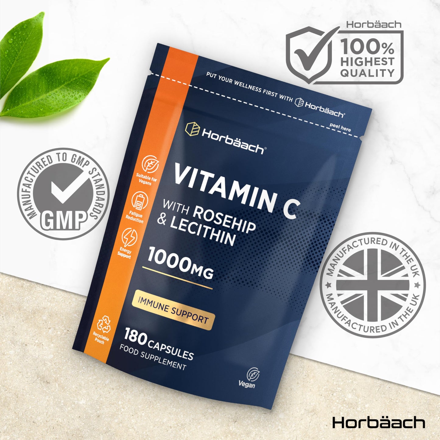 Horbäach Vitamin C 1000mg with Rosehip | 180 Capsules | High Strength Vitamin C as Ascorbic Acid with Added Rosehip and Sunflower Lecithin | Vegan Supplement | by Horbaach