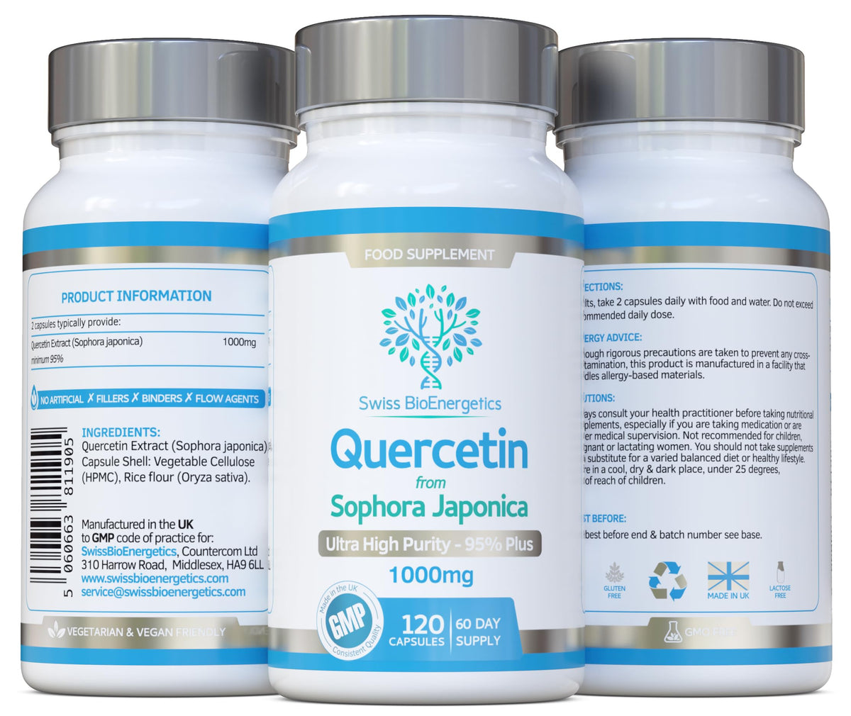 swiss bioenergetics Quercetin 1000mg 60-day supply - No Artificial fillers, binders or flow agents - High Strength Pure Quercetin capsules from Sophora Japonica - Suitable for Vegetarians and Vegans – Exclusively UK Made