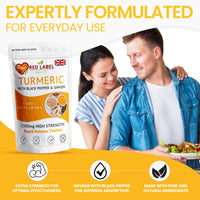 Red Label Health Turmeric 2620mg - 200 Tablets with Black Pepper and Ginger - High Strength Turmeric Supplements Not Turmeric Capsules - 95% Curcumin | Vegetarian | Vegan | Made in UK.
