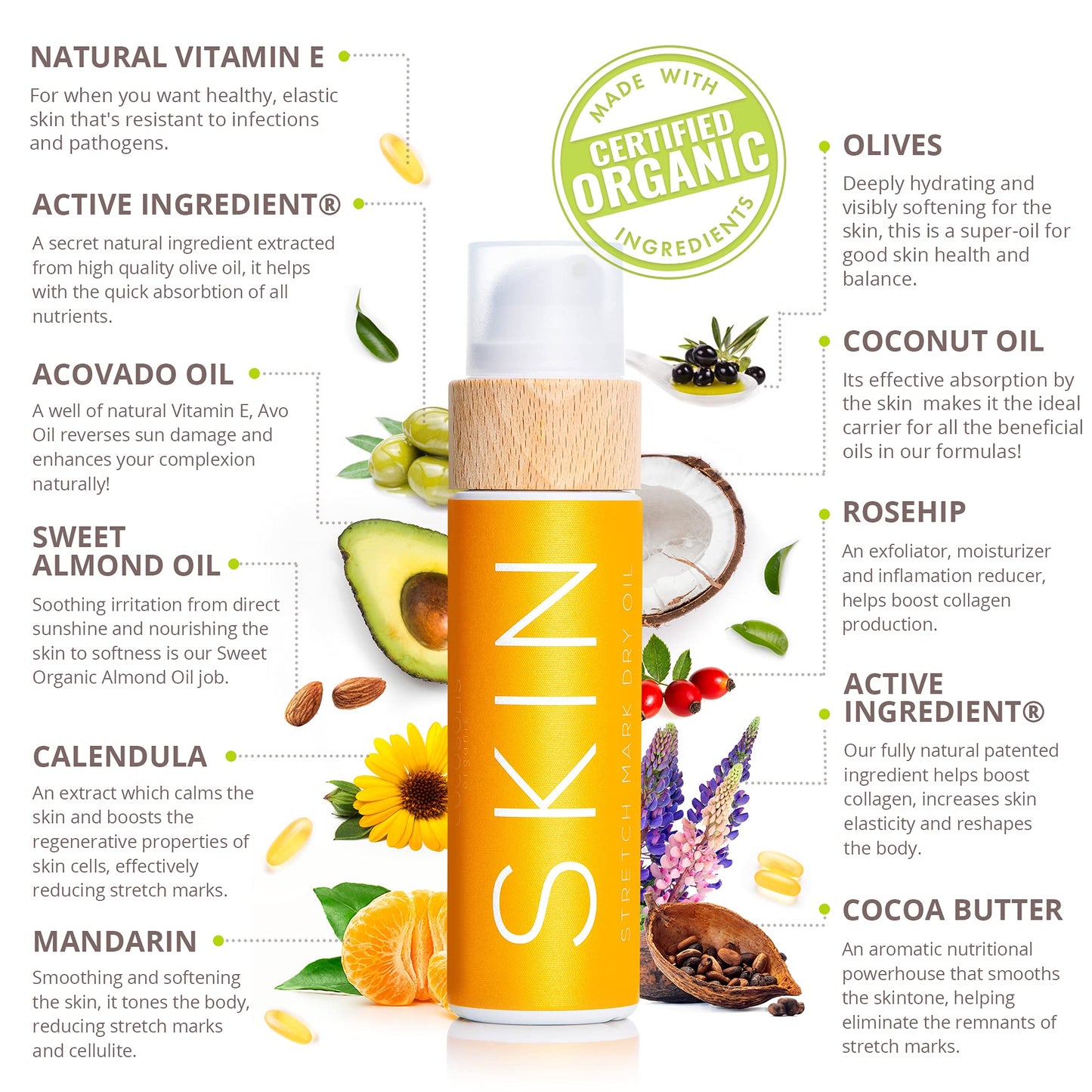 COCOSOLIS SKIN Stretch Mark Dry Oil Organic Oil for Correction & Prevention of Stretch Marks & Scars | For Pregnancy & During Rapid Change in Weight | Rebuilds Skin`s Collagen