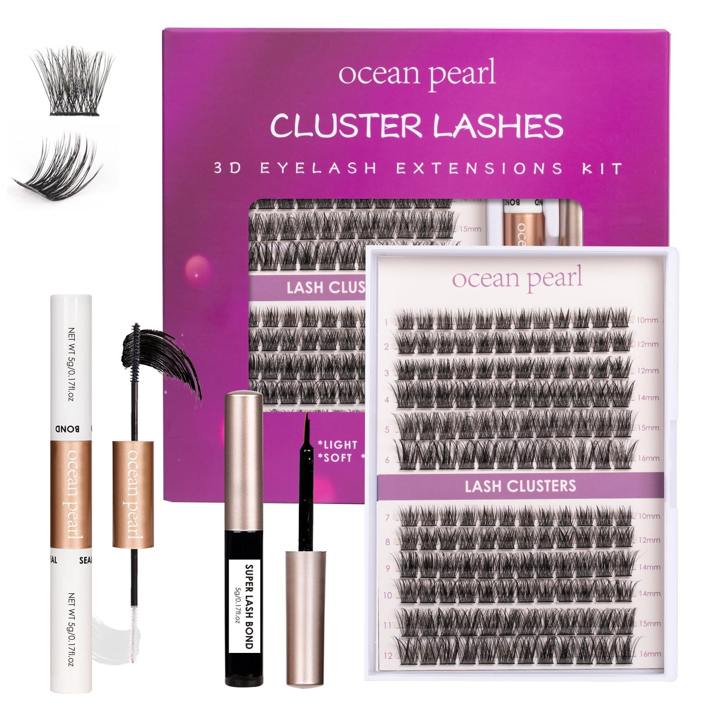 ocean pearl Ocean Pearl Cluster Lashes Kit 144PCS Individual Eyelashes 10-16mm DIY Lash Extension Kit with Strong Hold Eyelash Glue Natural Lash Clusters D Curl Eyelash Extension Kit with Bond and Glue-DM28