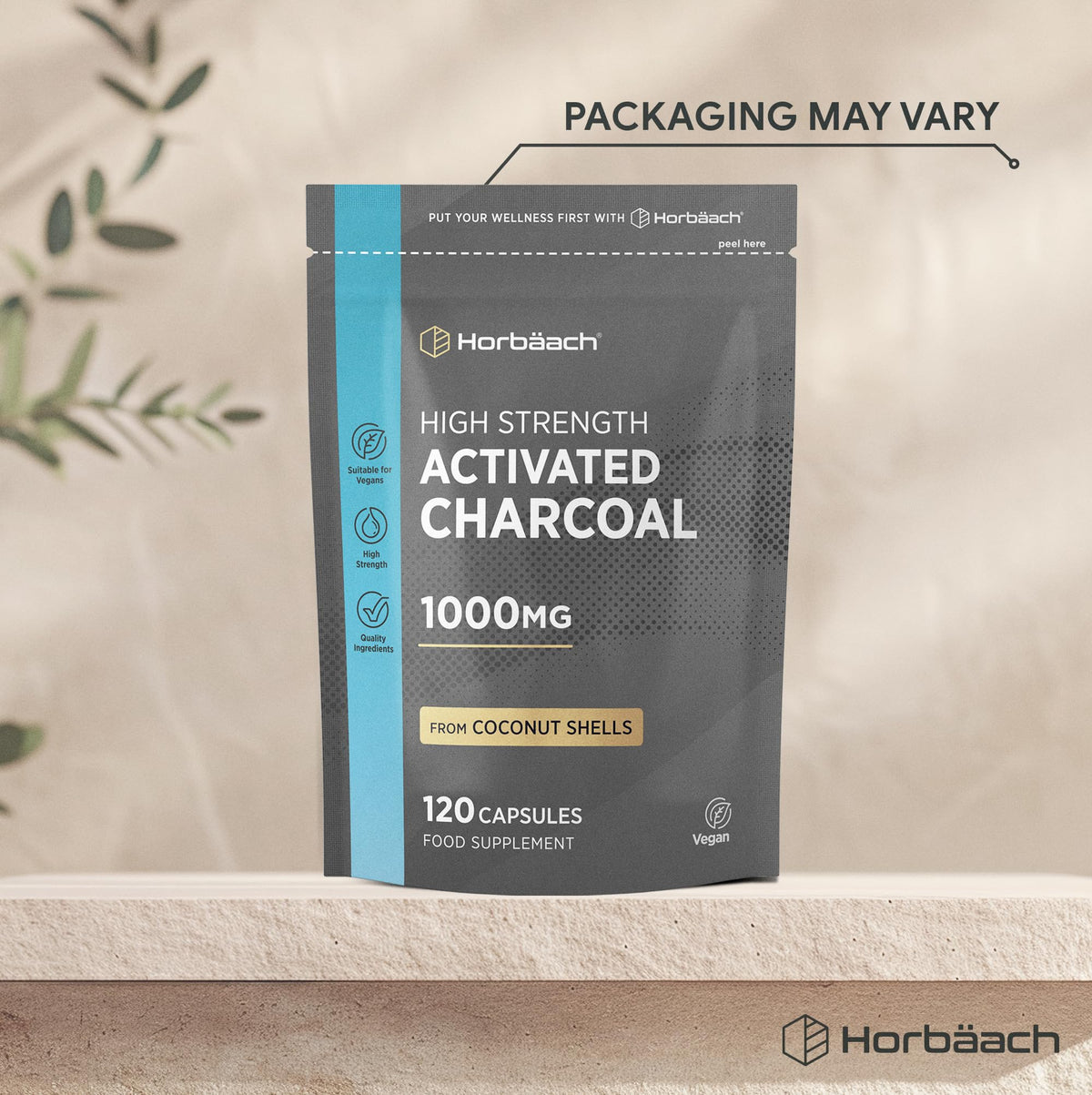Horbäach Activated Charcoal Capsules | High Strength 1000mg | Supplement from Natural Coconut | 120 Vegan Tablets | by Horbaach