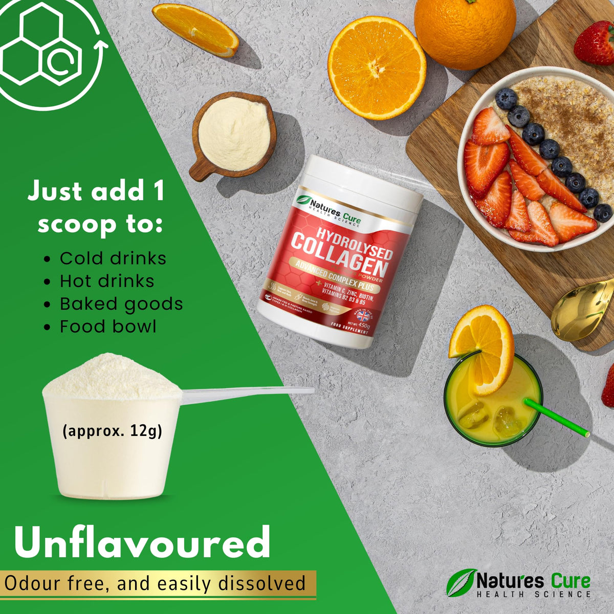 Natures cure Premium Collagen Powder Complex – Bovine Collagen Peptides 450g- Enriched with Essential B Vitamins, Vitamin C, Zinc & Biotin – Pure Hydrolysed Collagen Supplement – by Natures Cure