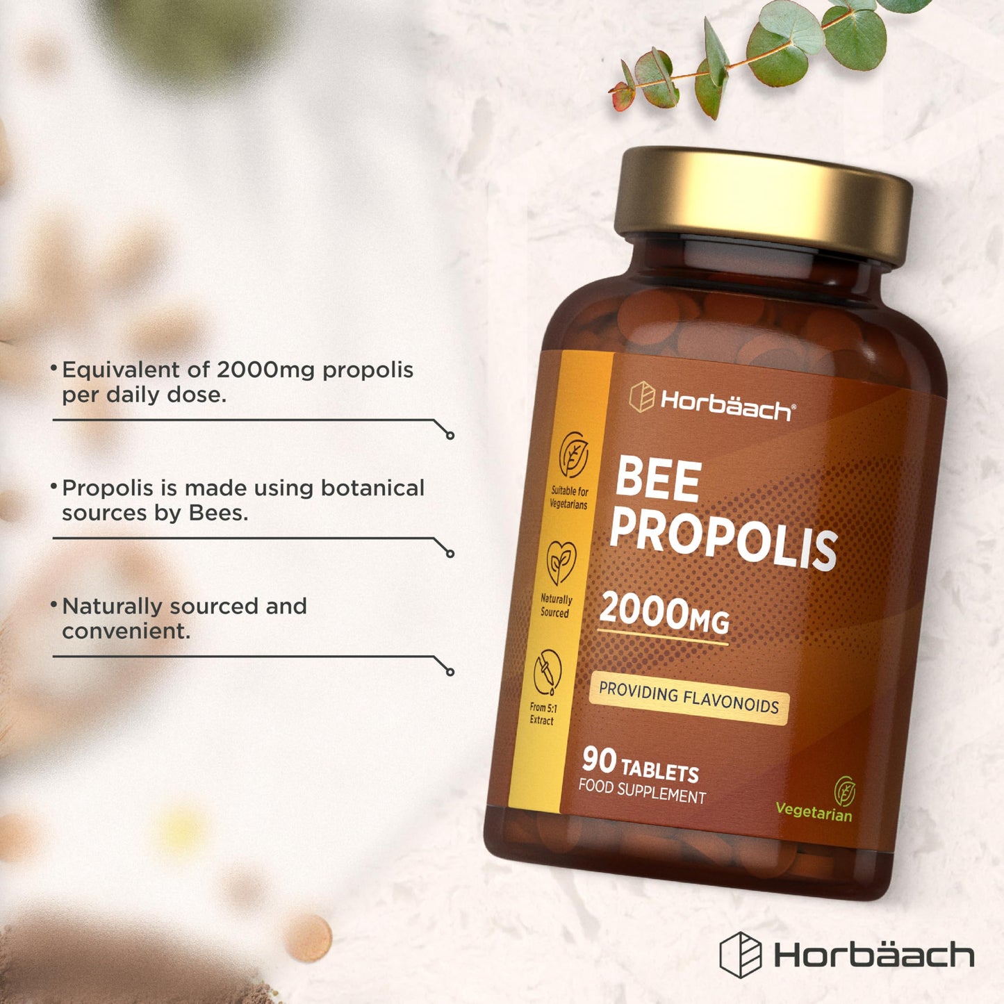 Horbäach Bee Propolis Extract 2000mg | Flavonoids Propolis Supplement | High Strength 5:1 Extract | 90 Vegetarian Tablets (Not Capsules) | by Horbaach