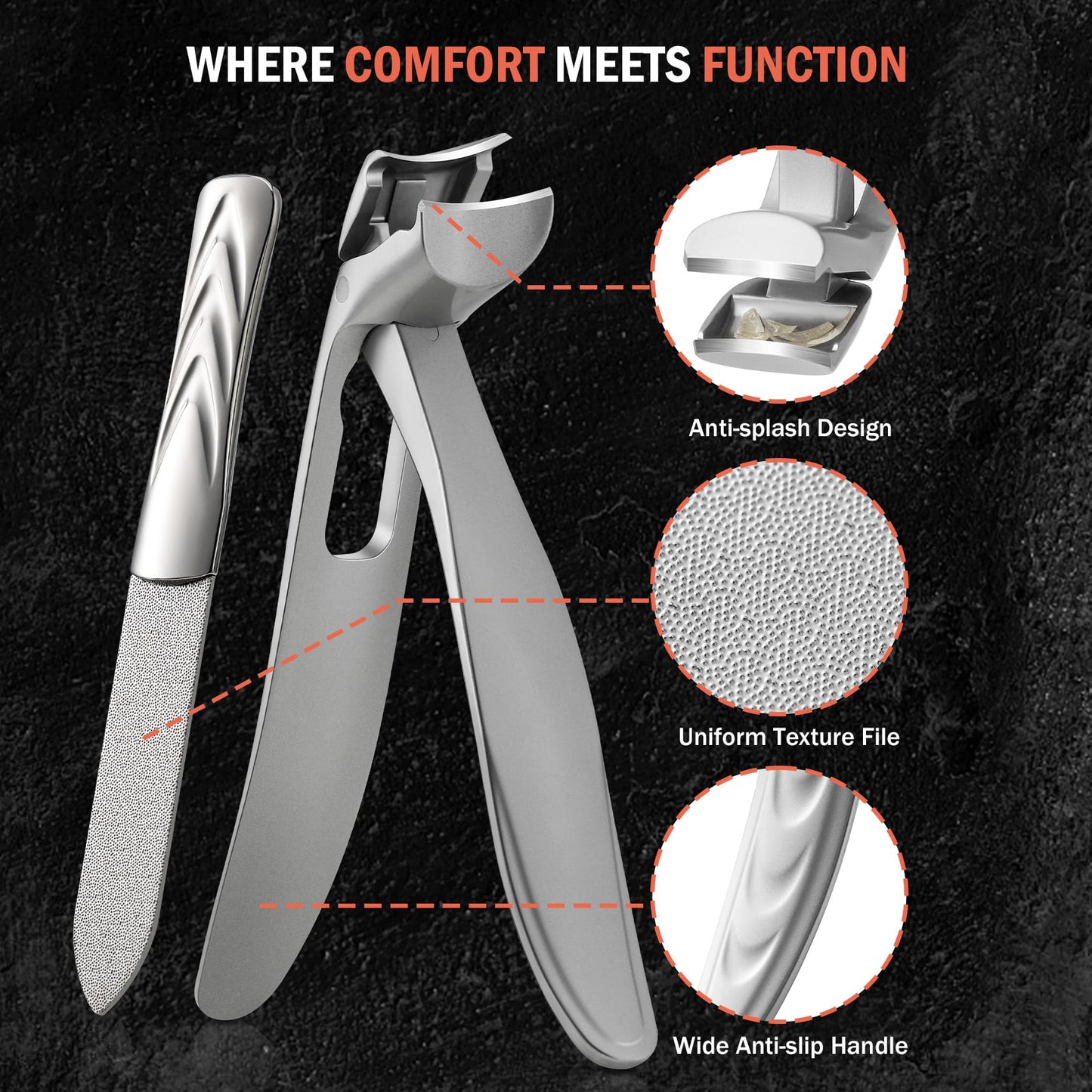 BEZOX Ergonomic Angled Head Precision Toenail Clipper for Senior Thick Nails - Large Finger Nail Clippers Adult with Metal Nail File for Men and Women