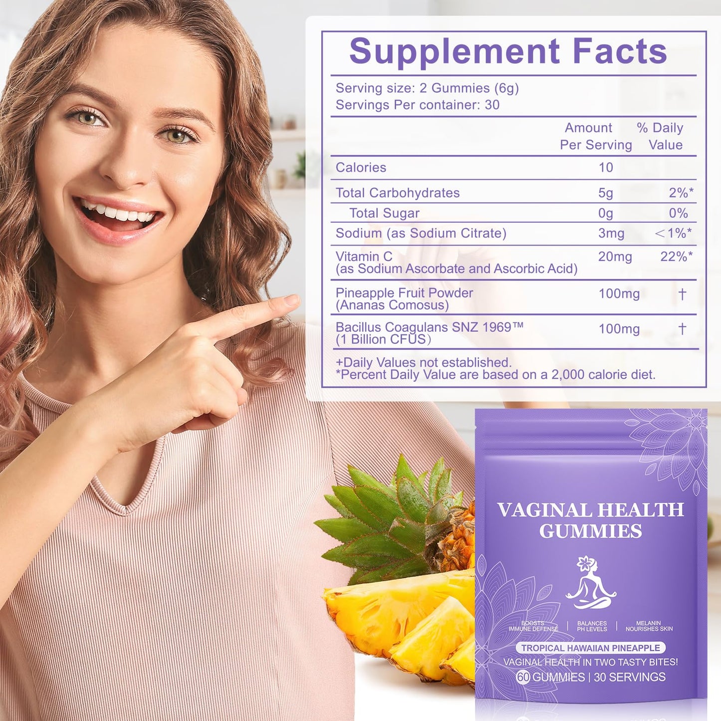 FSLHCY Premium Feminine Balance Gummies for Women - Hawaiian Pineapple Flavor Vaginal Probiotic Gummies for pH Balance Health & Immune Support Vegan, Gluten-Free (60 Gummies)