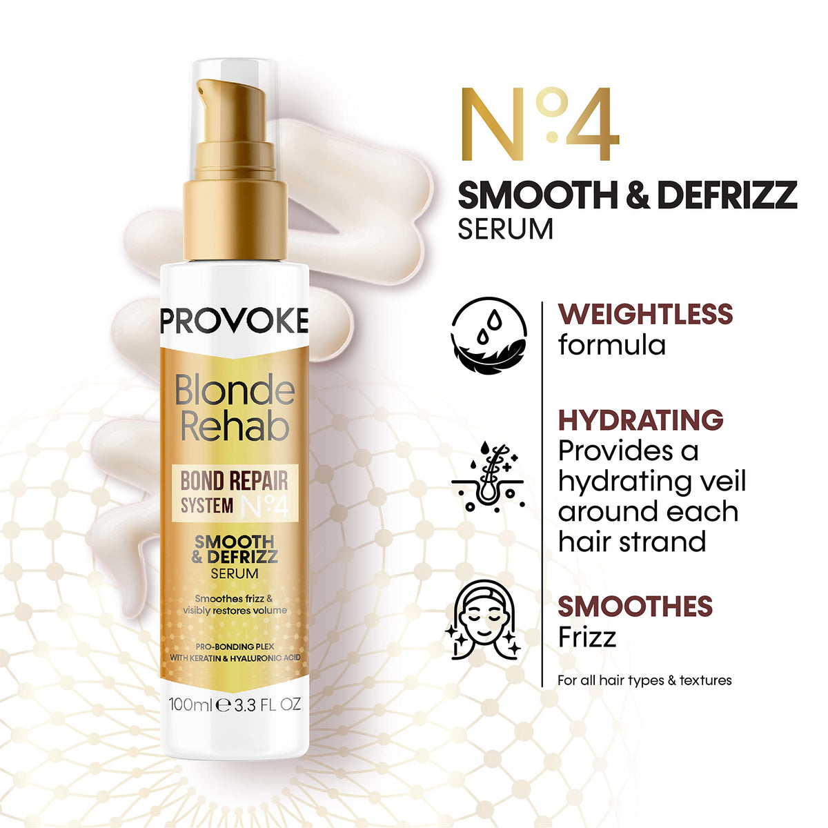 PROVOKE Blonde Rehab N0'4 Smooth and DeFrizz Bond Repair Hair Serum 100 ml, Smoothes Frizz and Restores Volume in 1 Wash with Pro Bonding Complex, Keratin and Hyaluronic Acid, for Blonde Damaged Hair