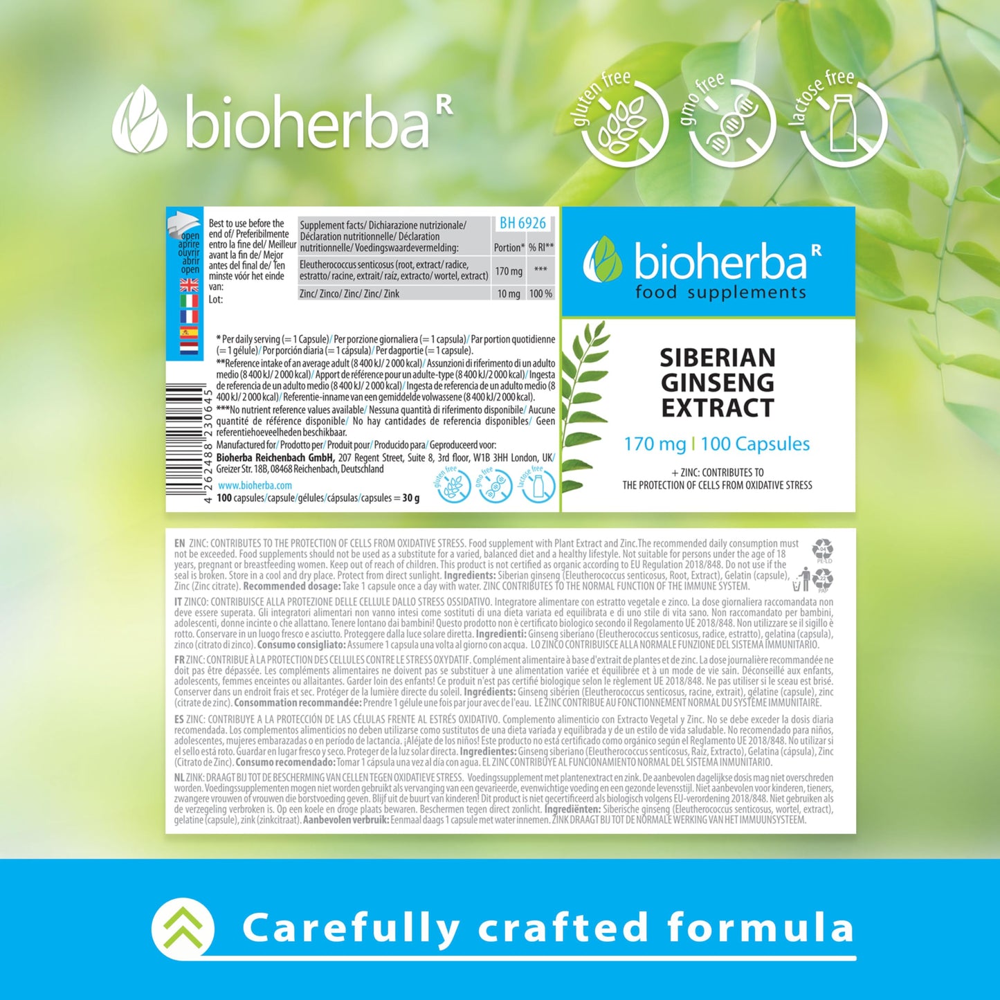BIOHERBA Siberian Ginseng 170 mg, 100 Capsules - Supplements for Natural Energy Boost, Stress Relief & Immune Support - Herbal Adaptogen Supplement