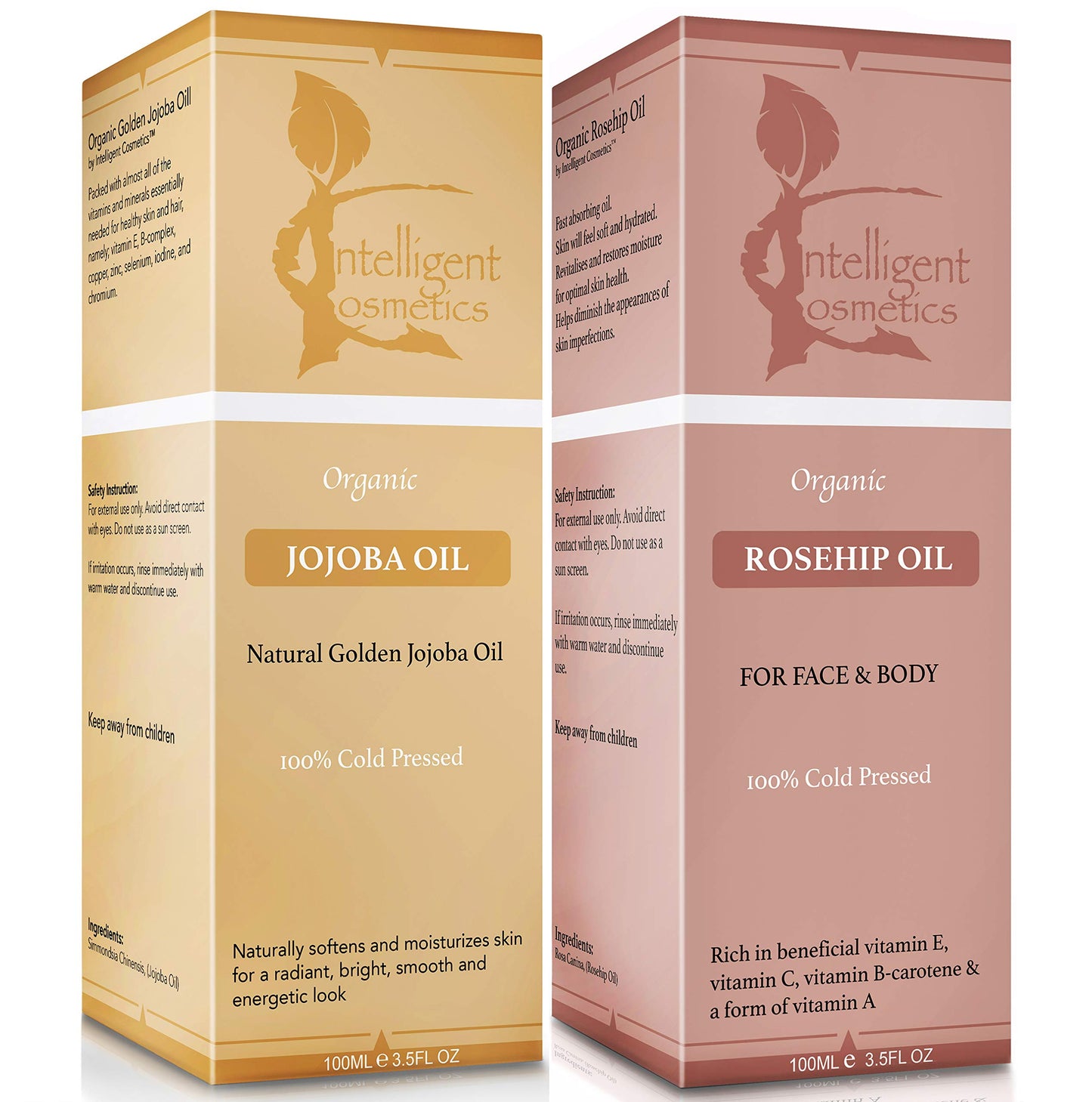 intelligent cosmetics Rosehip Oil & Jojoba Oil 100% Cold Pressed Pure Certified Organic Oil 100ml in Each Bottle, Natural Vitamin E, Vitamin C, for Face, Hair, Nails, Body