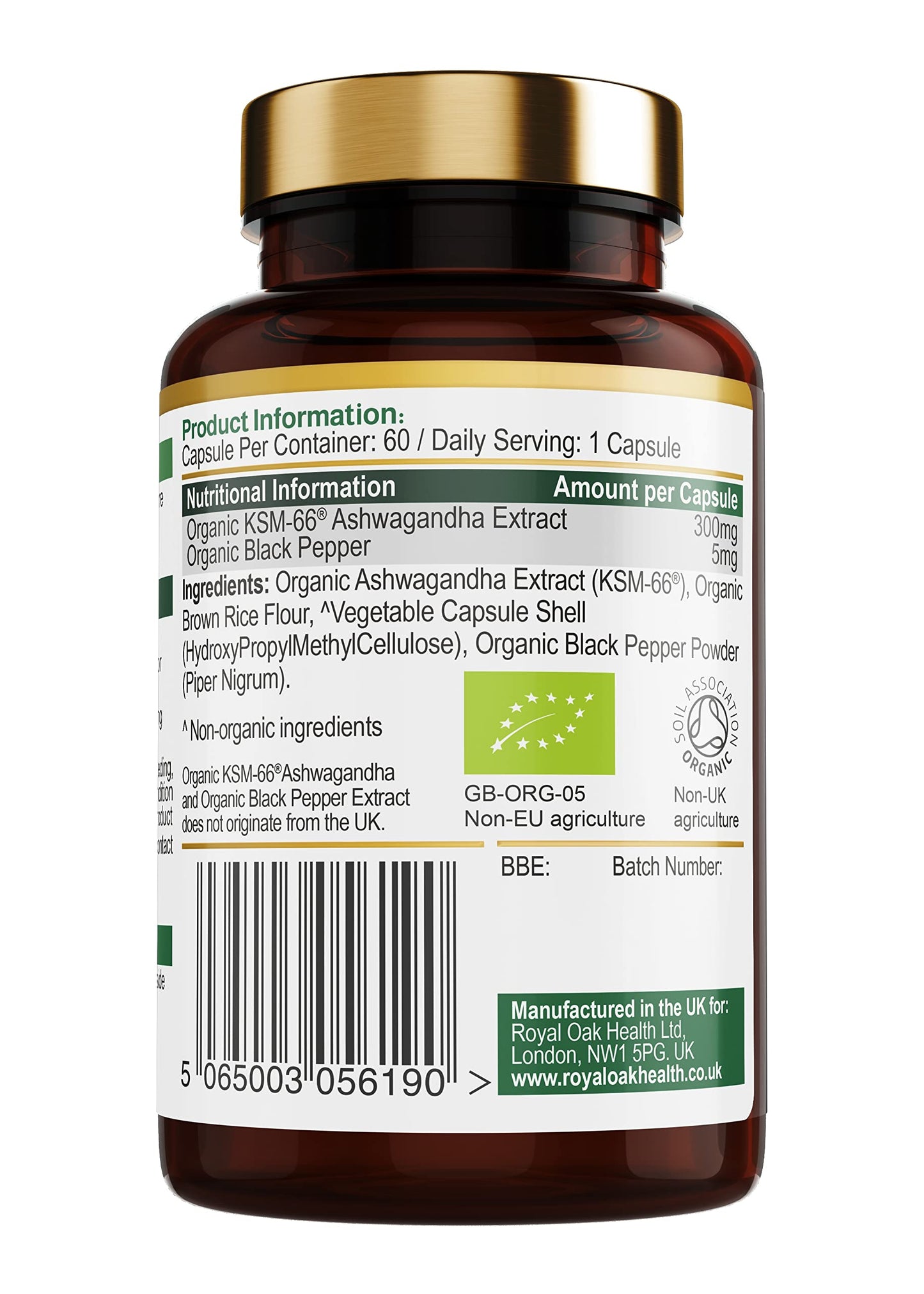 Organic High Concentration Full Spectrum KSM-66 ASHWAGANDHA with 5% Withanolides and Black Pepper, Made in Britain by Royal Oak Health, 60 Capsules