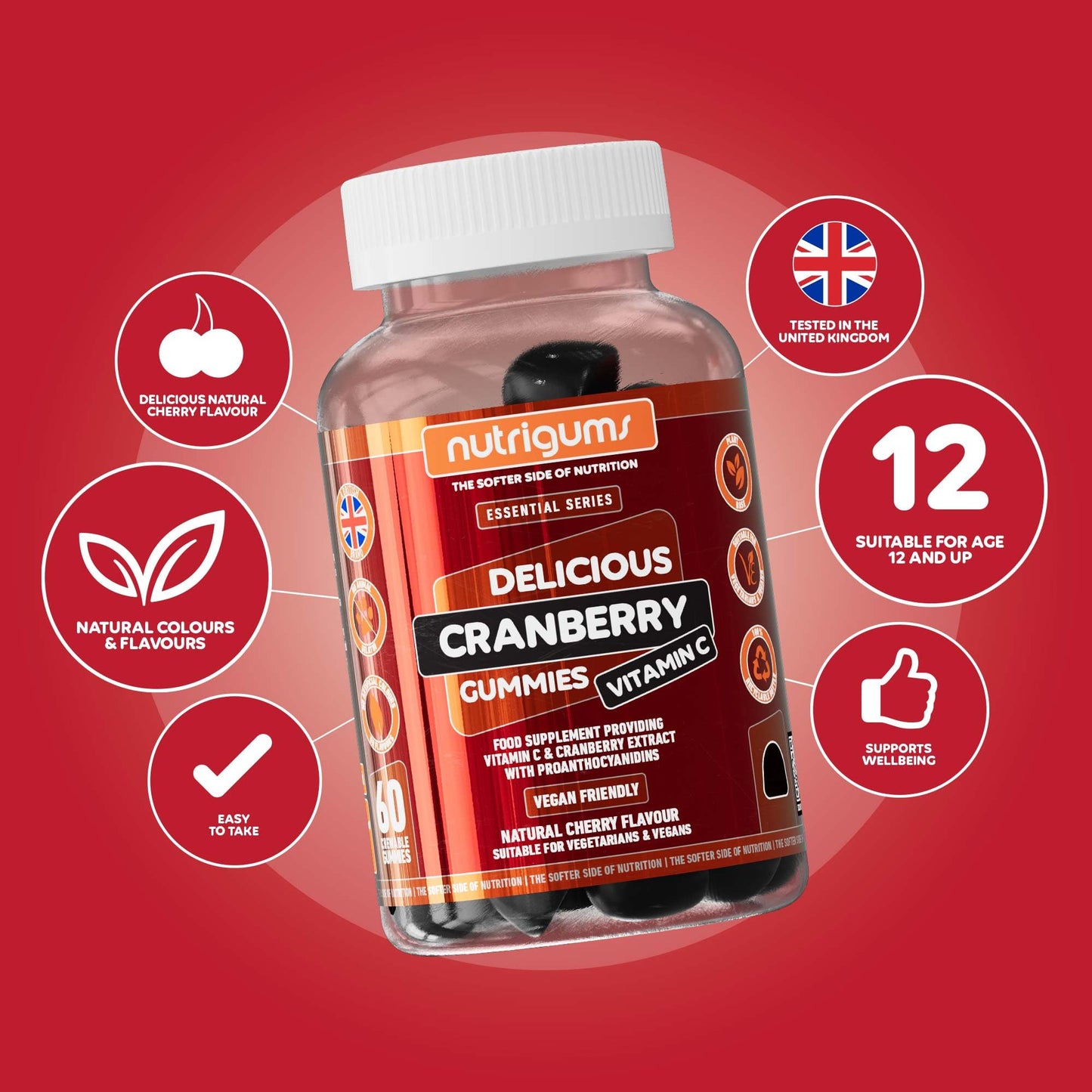 Nutrigums Cranberry Gummies 9000mg High Strength Extract | 25% Proanthocyanidins (PACs) | 60 Vegan Cherry Gummies | with Vitamin C 80mg | Antioxidant & Immune Support Supplement | by NUTRIGUMS®