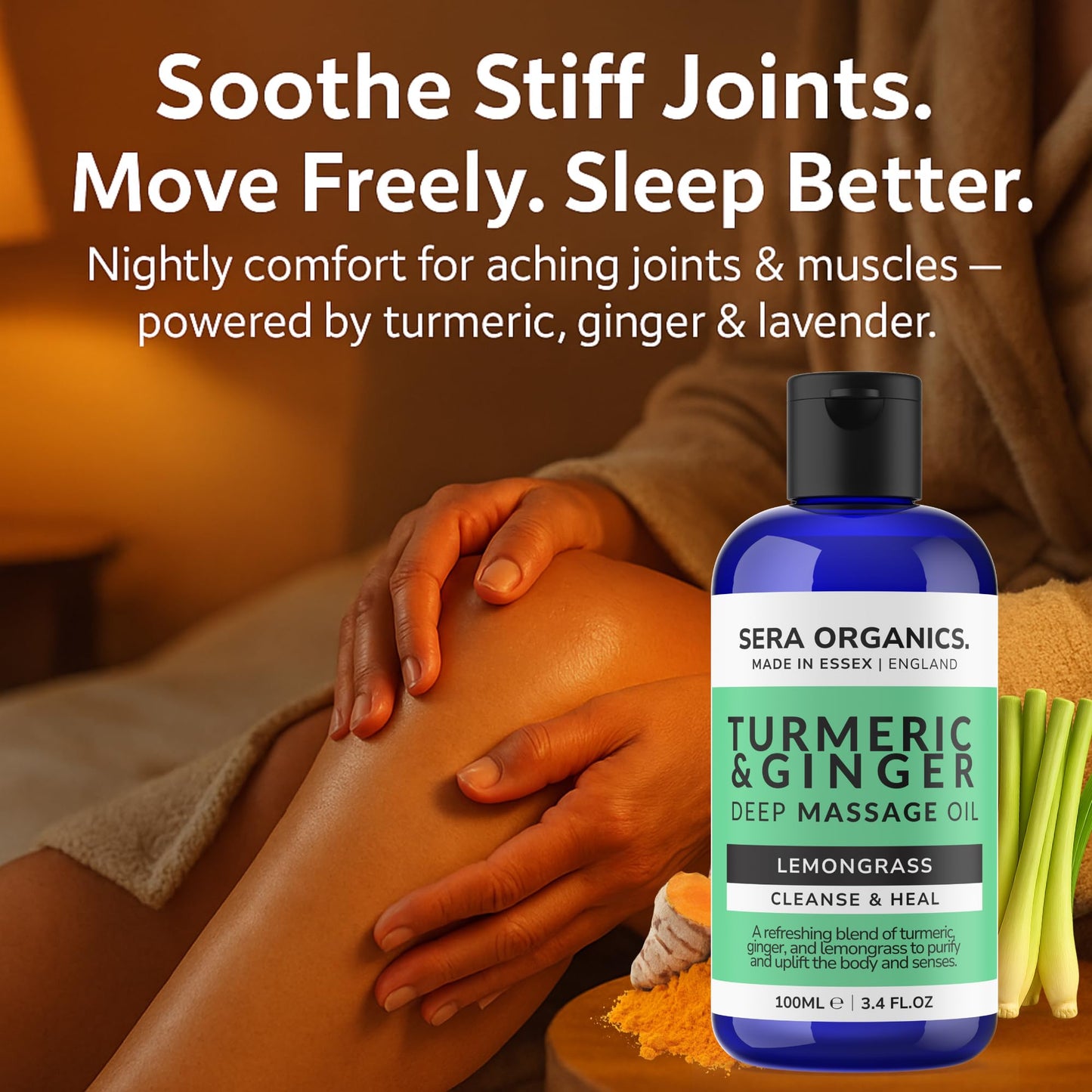 Turmeric Massage Oil - Arthritis Relief & Muscle Pain | Anti-Inflammatory, Lymphatic Drainage, Joint & Nerve Soothing, Sleep Support | Ginger & Lemongrass for Deep Tissue Massage | Sera Organics 100ml