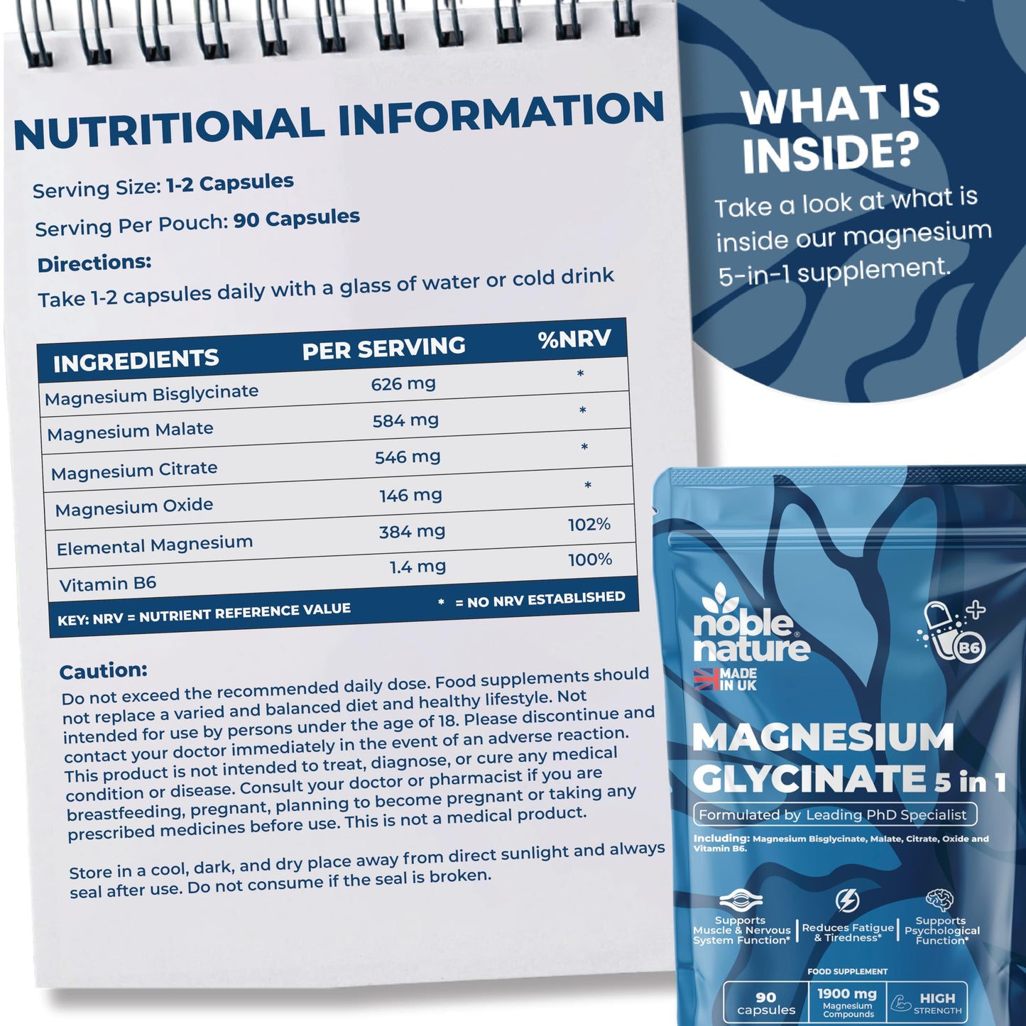 NobleNature Magnesium Glycinate 5-in-1 Complex Formulated by PhD Expert High Strength 1900mg Supplements as Bisglycinate, Malate, Citrate, Oxide & Vitamin B6-90 GMO Free Capsules, 384mg Elemental, UK Made (90)